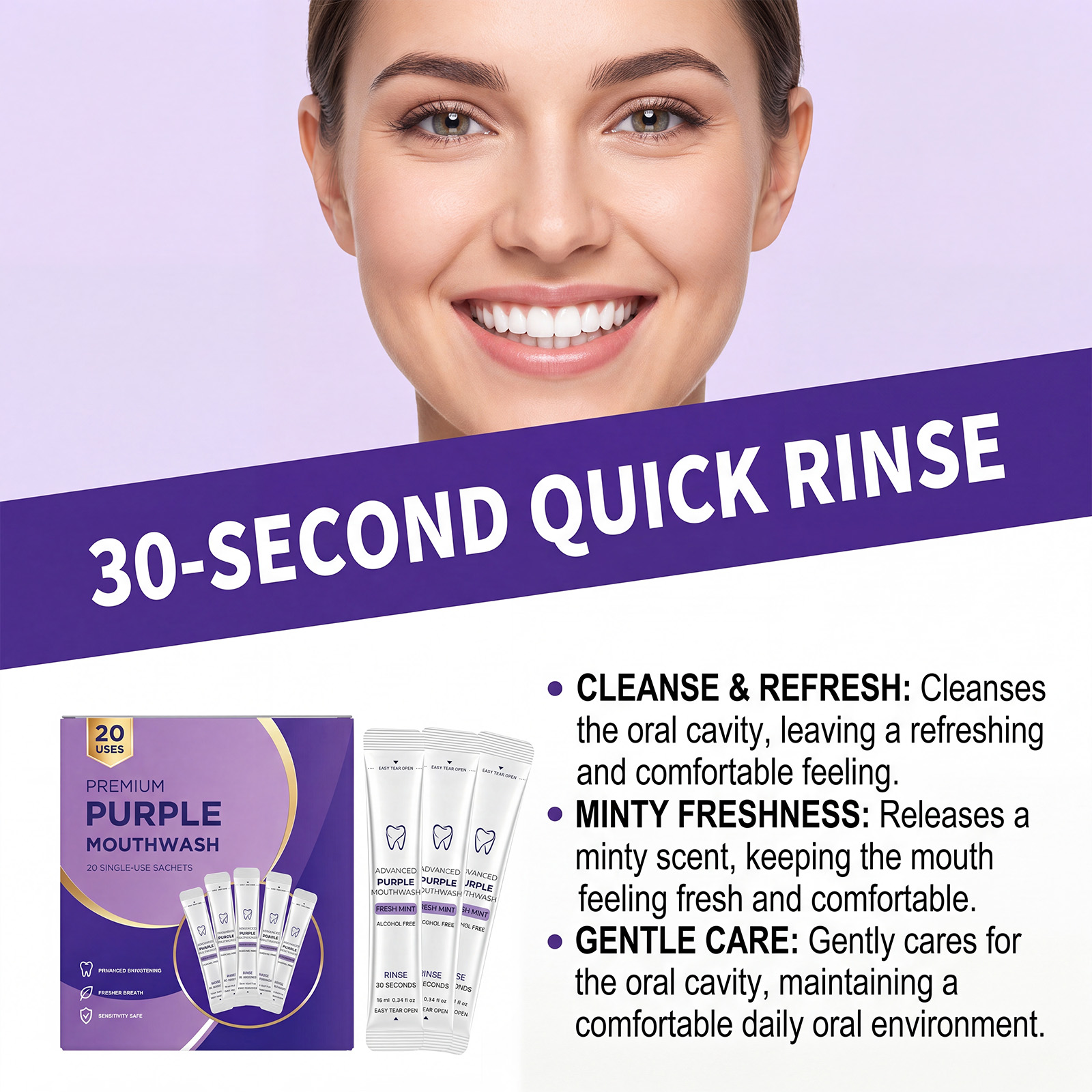 Purple Fresh Mouthwash Portable Individual Strip Pack Mint Fresh Taste Mild Alcohol Free Fast Clean Oral Cavity Mouth Rinse