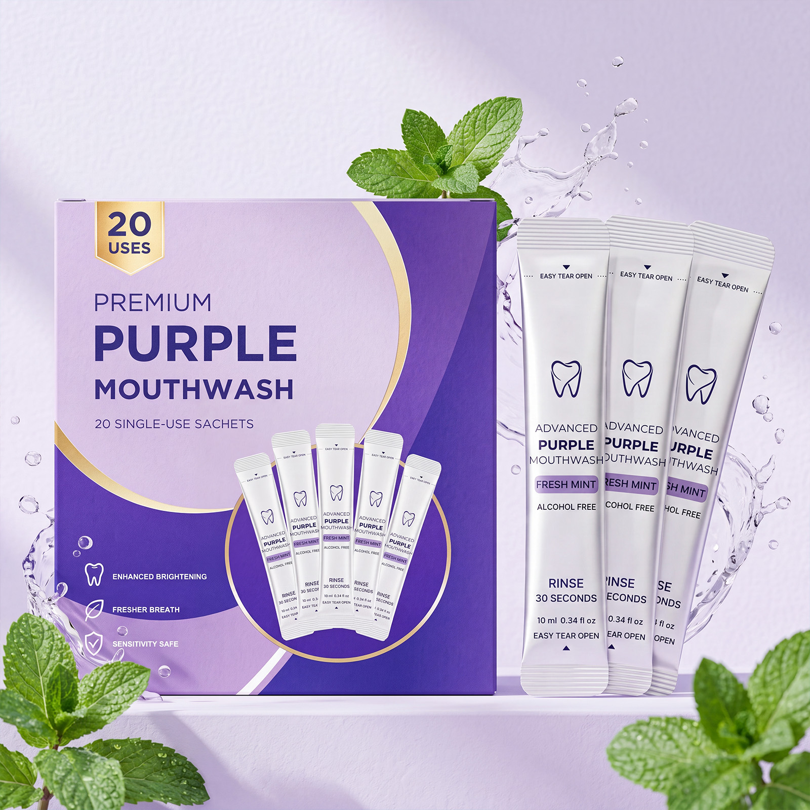 Purple Fresh Mouthwash Portable Individual Strip Pack Mint Fresh Taste Mild Alcohol Free Fast Clean Oral Cavity Mouth Rinse