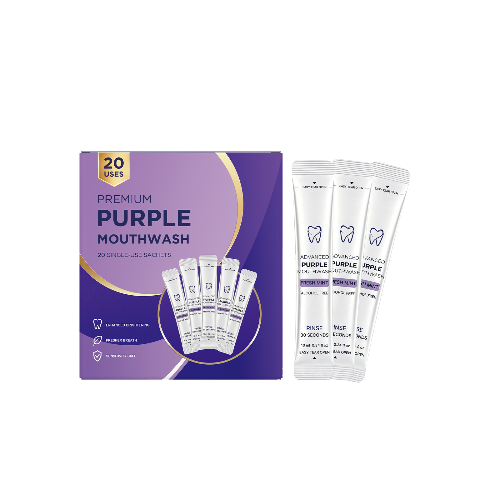 Purple Fresh Mouthwash Portable Individual Strip Pack Mint Fresh Taste Mild Alcohol Free Fast Clean Oral Cavity Mouth Rinse