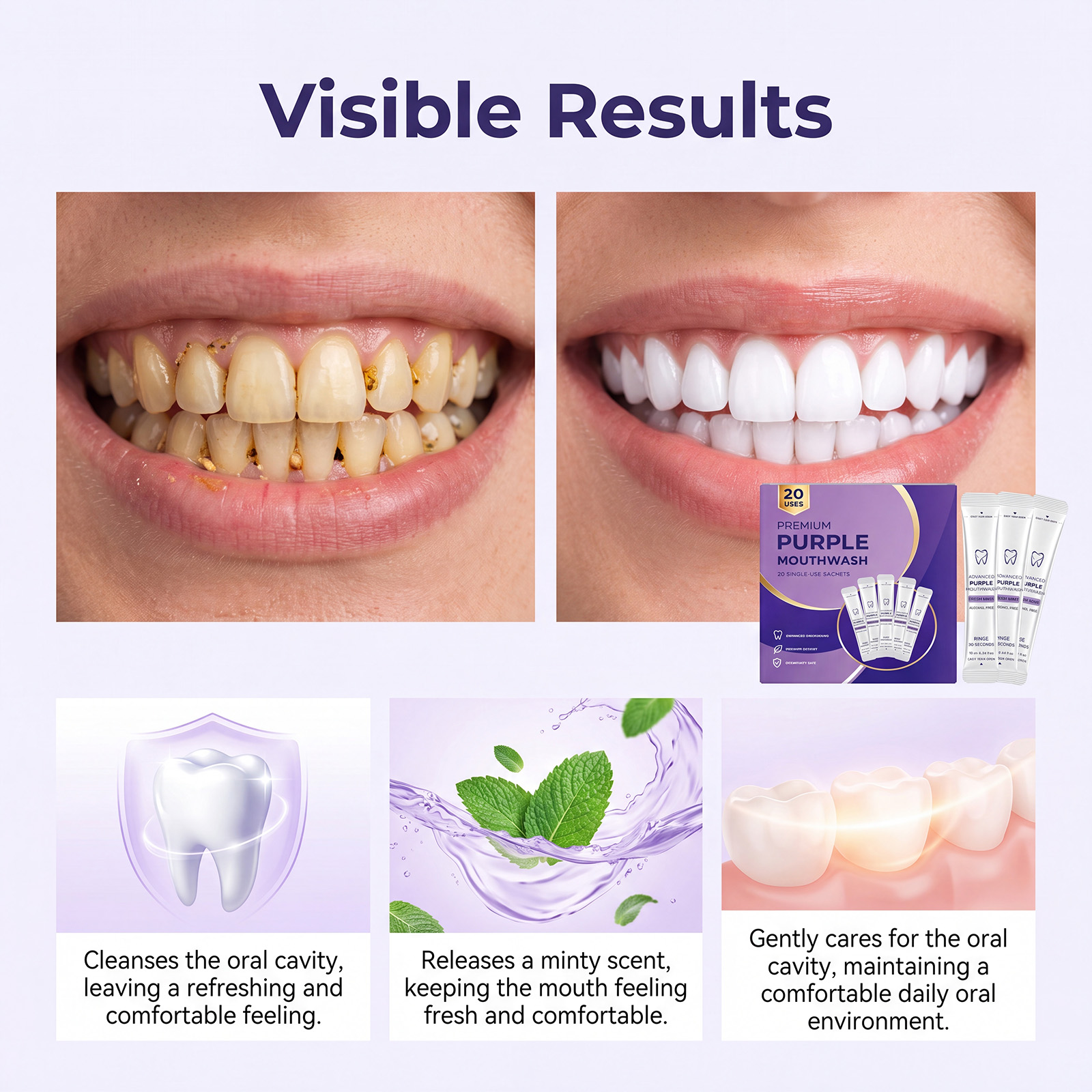 Purple Fresh Mouthwash Portable Individual Strip Pack Mint Fresh Taste Mild Alcohol Free Fast Clean Oral Cavity Mouth Rinse