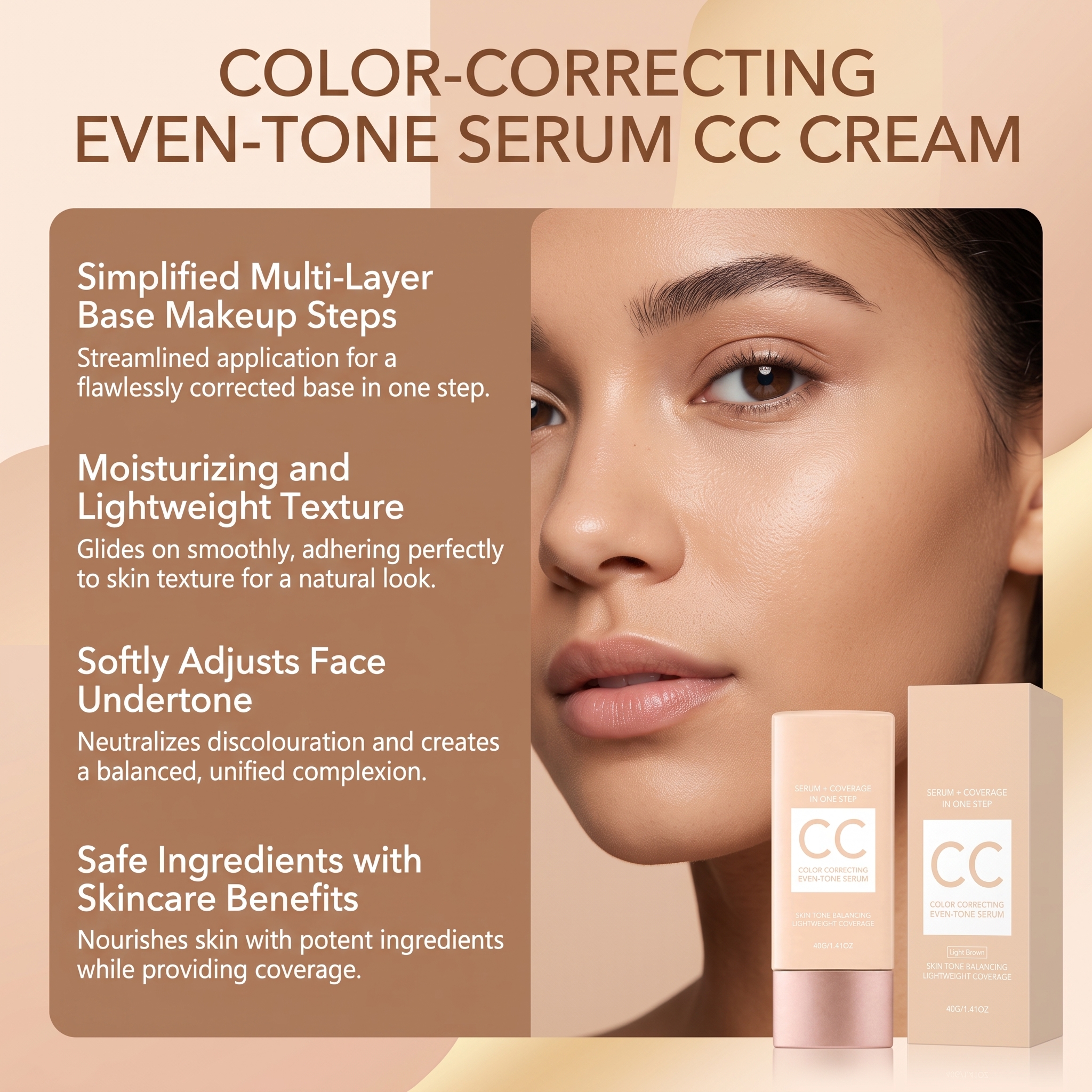 Color Correcting Cream Light Brown Thin Smooth Even Tone Bright Hydrate Fine Conceal Facial Skin