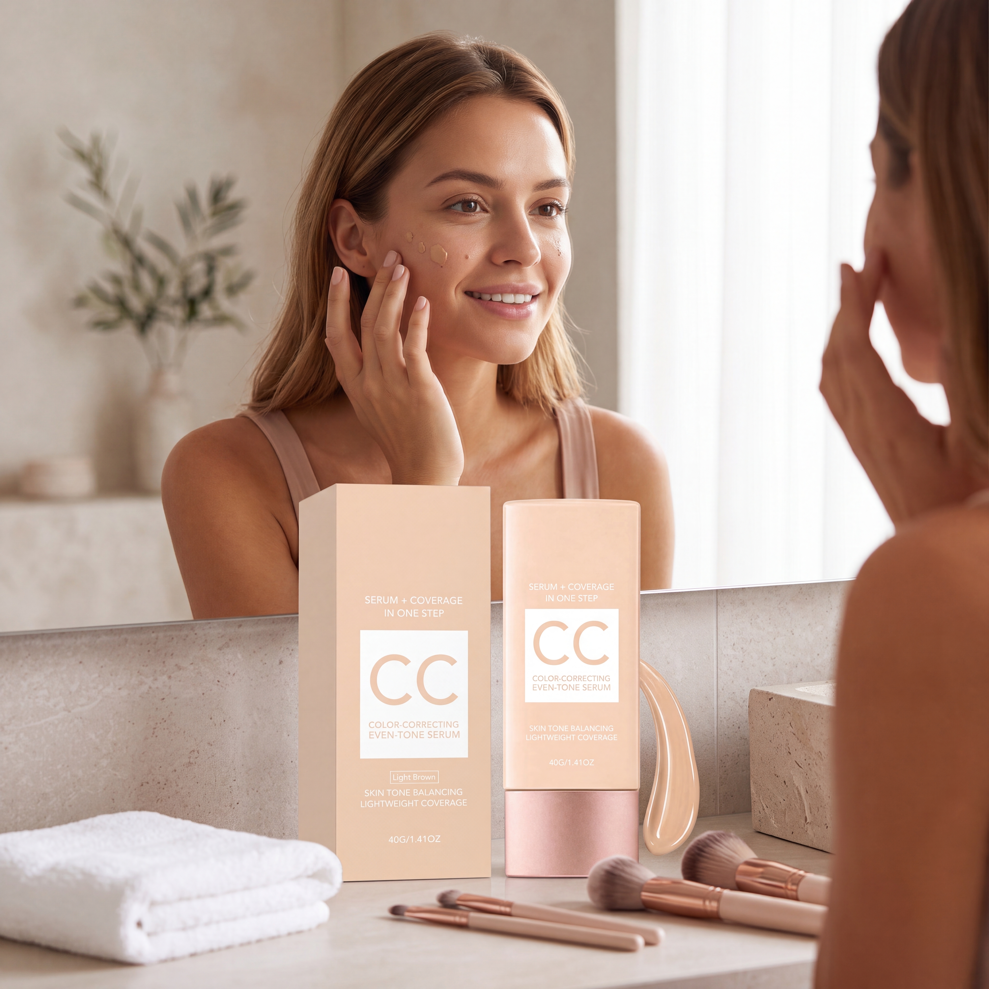 Color Correcting Cream Light Brown Thin Smooth Even Tone Bright Hydrate Fine Conceal Facial Skin