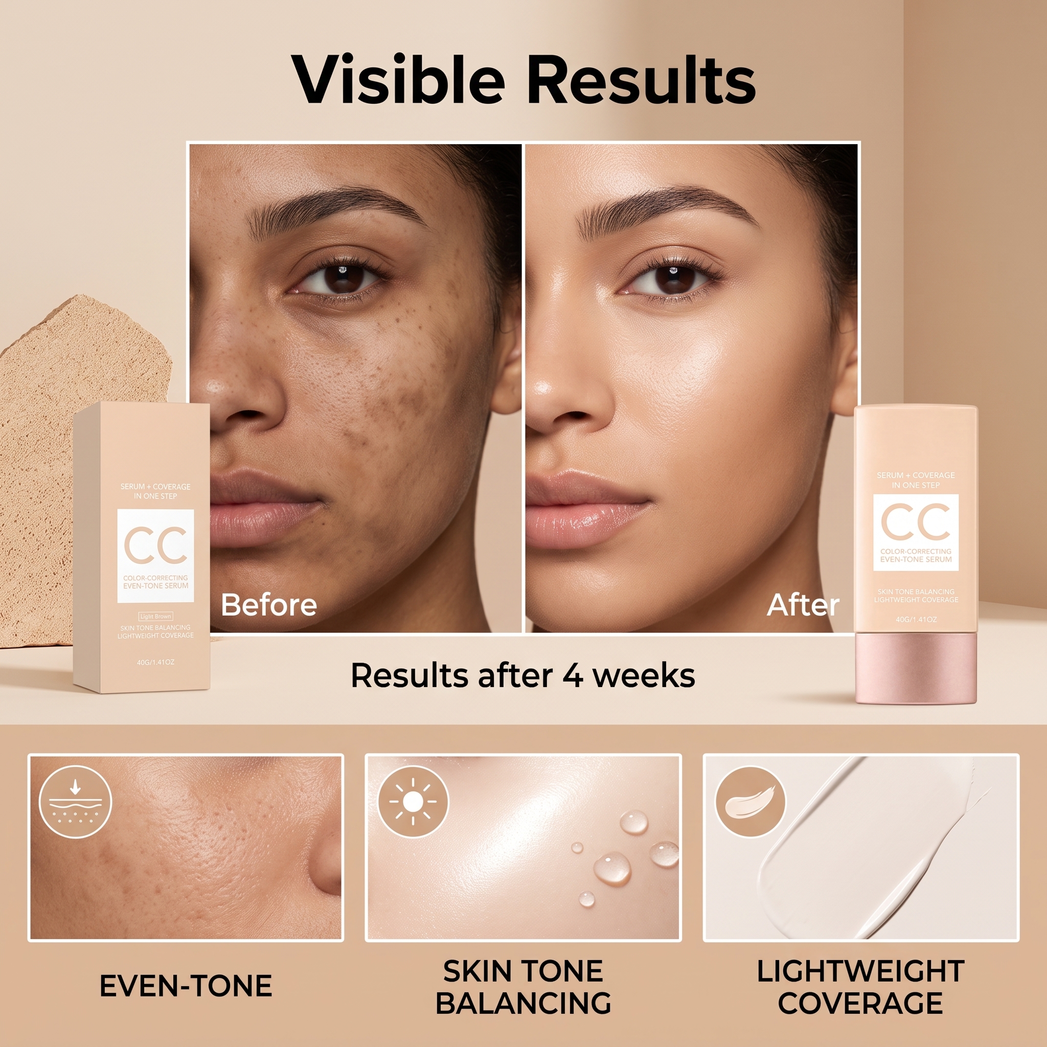 Color Correcting Cream Light Brown Thin Smooth Even Tone Bright Hydrate Fine Conceal Facial Skin
