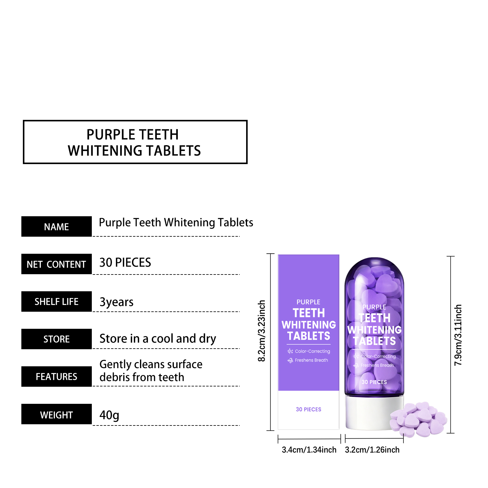 Purple Tooth Tablet Mild Clean Tooth Surface Stains Bright Shiny Fresh Breath Solid