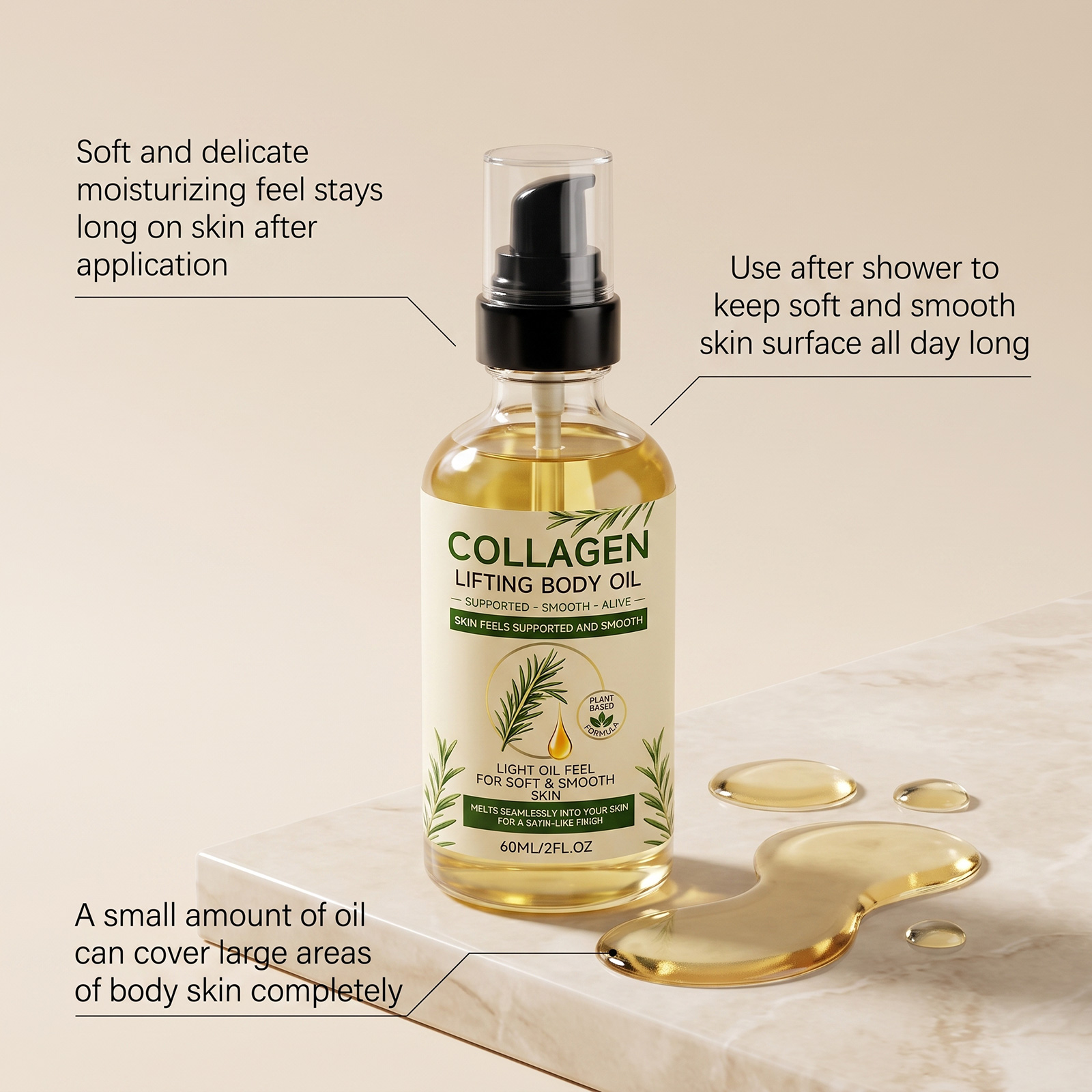 Collagen Body Oil Mild Ingredients Moisturizing Hydrating Light Non Sticky Daily Skin Care Lotion
