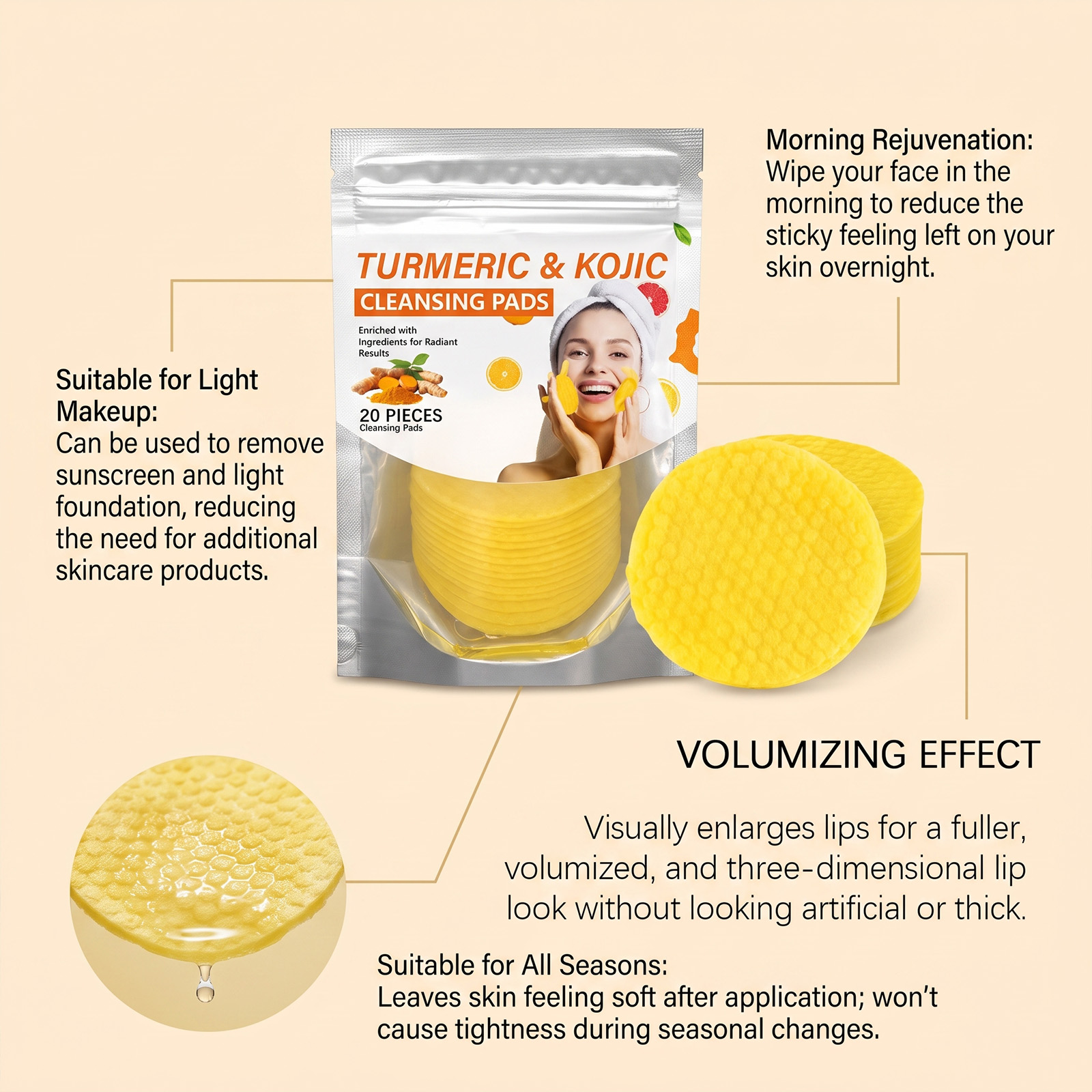 Turmeric Cleansing Pads Soft SkinFriendly DualUse Wiping Soothing Daily Cleansing Brightening Moisturizing Refreshing
