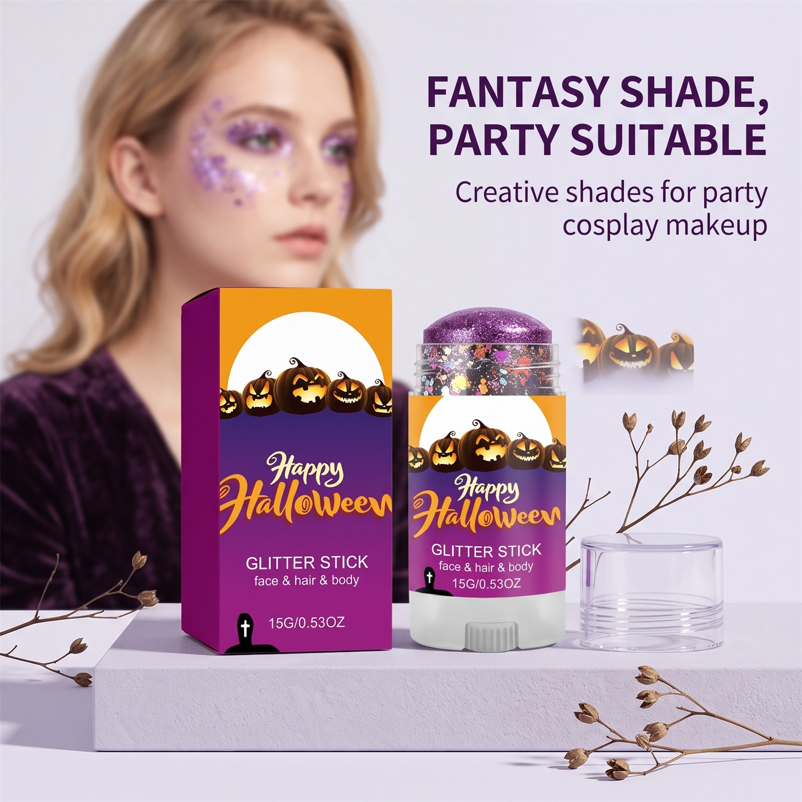(Red) Halloween Glitter Stick Natural Color Rendering Silky Makeup Application Face Body Applicable Festival Party Look