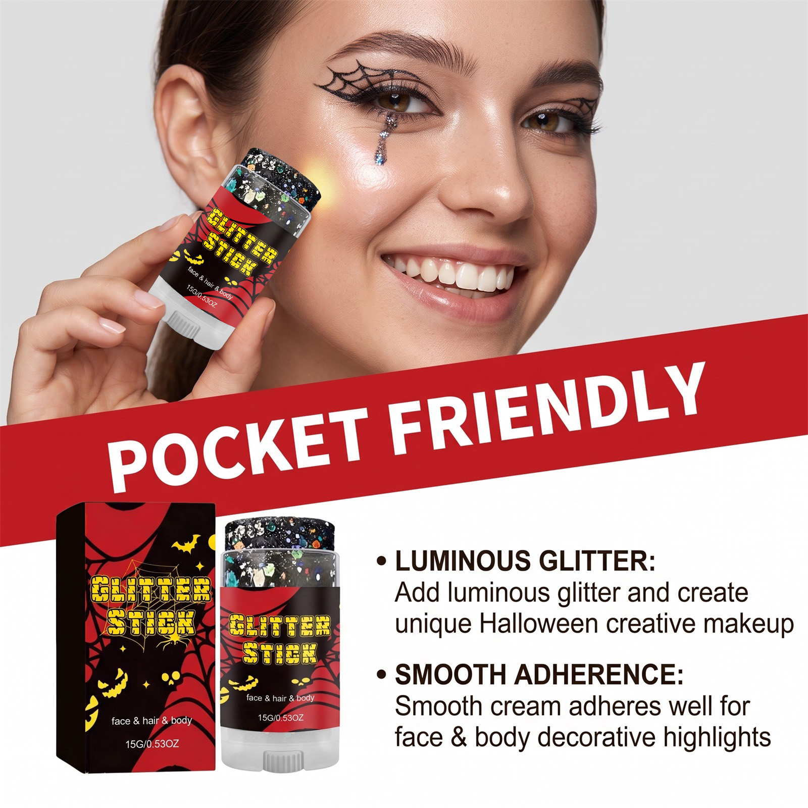 (Red) Halloween Glitter Stick Natural Color Rendering Silky Makeup Application Face Body Applicable Festival Party Look
