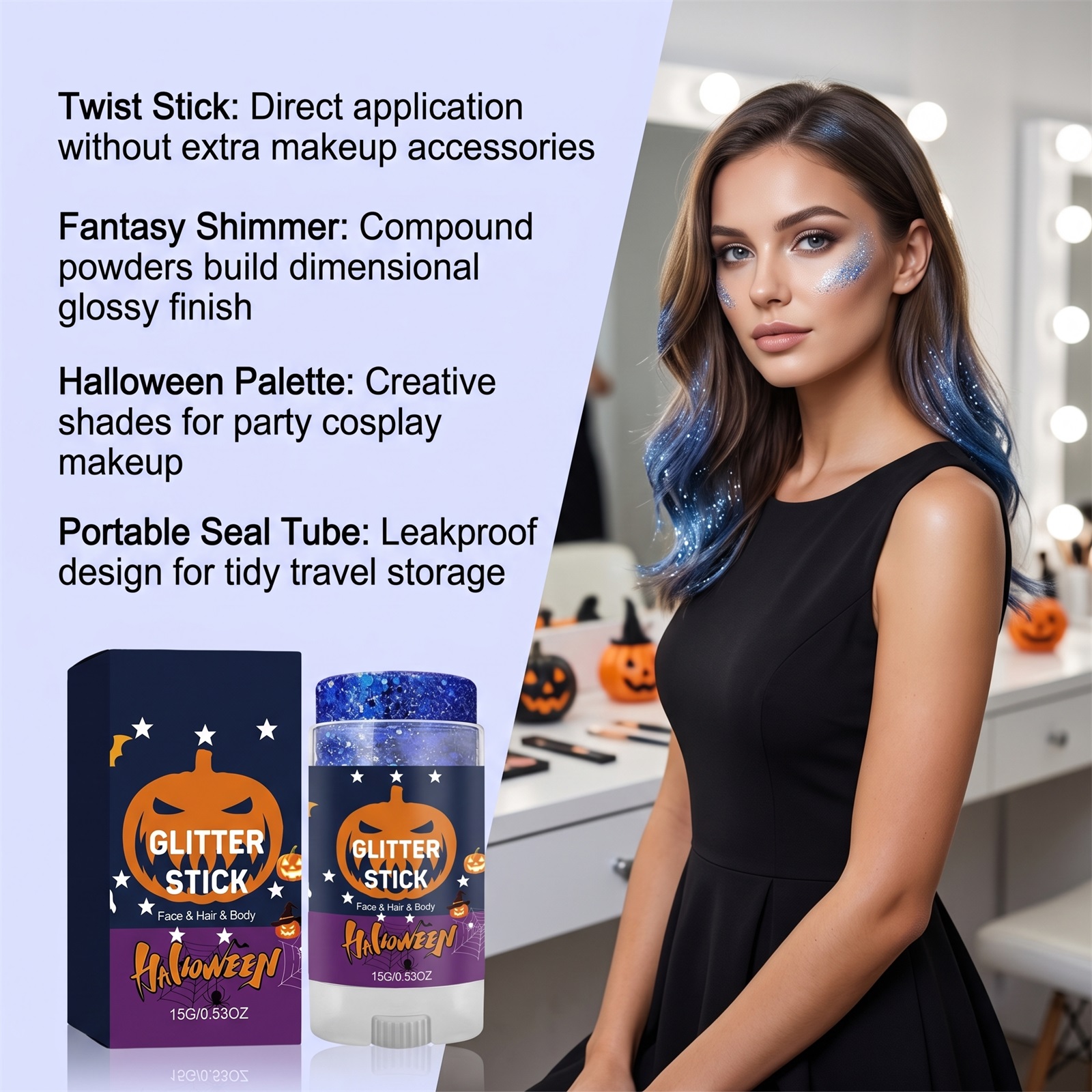 (Red) Halloween Glitter Stick Natural Color Rendering Silky Makeup Application Face Body Applicable Festival Party Look