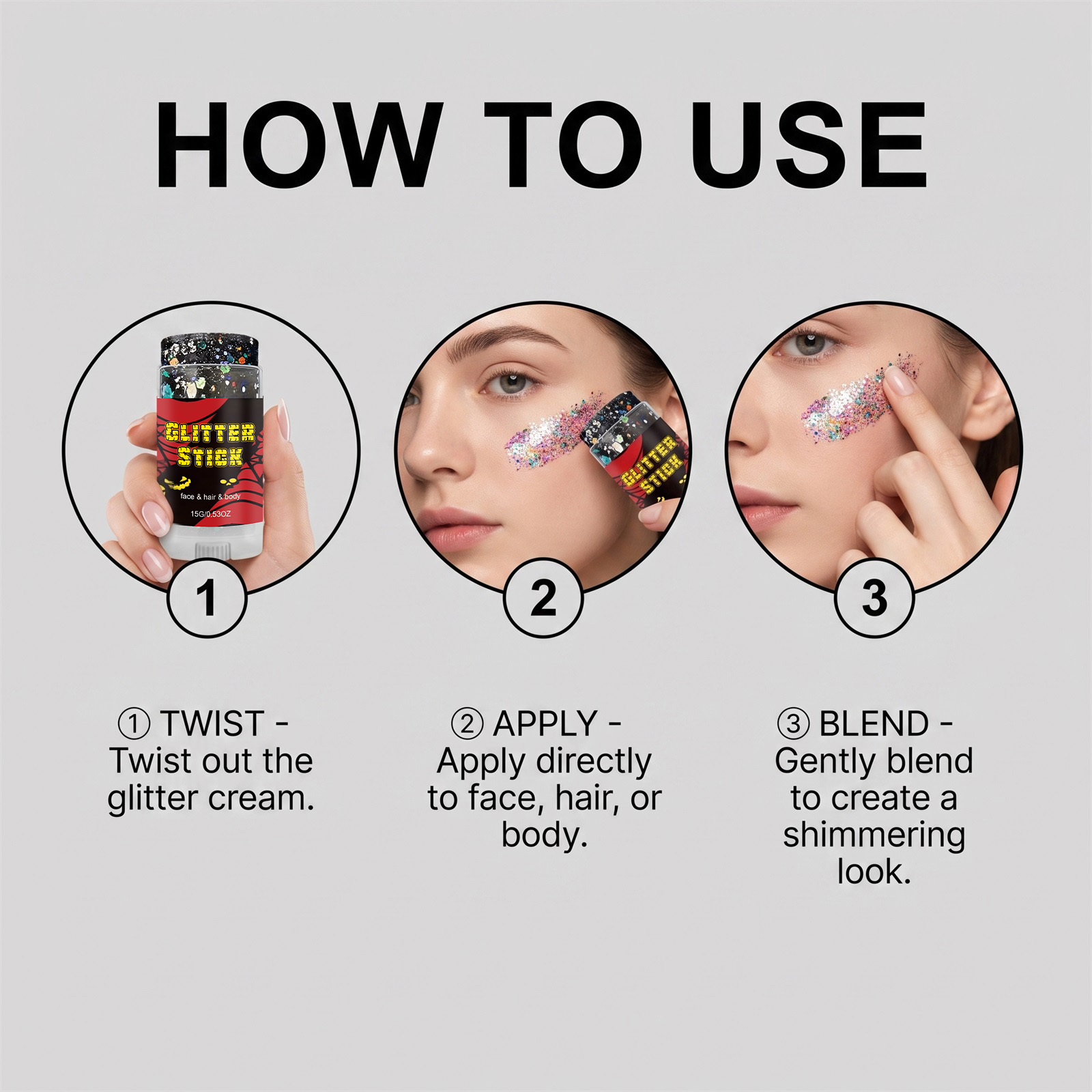 (Red) Halloween Glitter Stick Natural Color Rendering Silky Makeup Application Face Body Applicable Festival Party Look