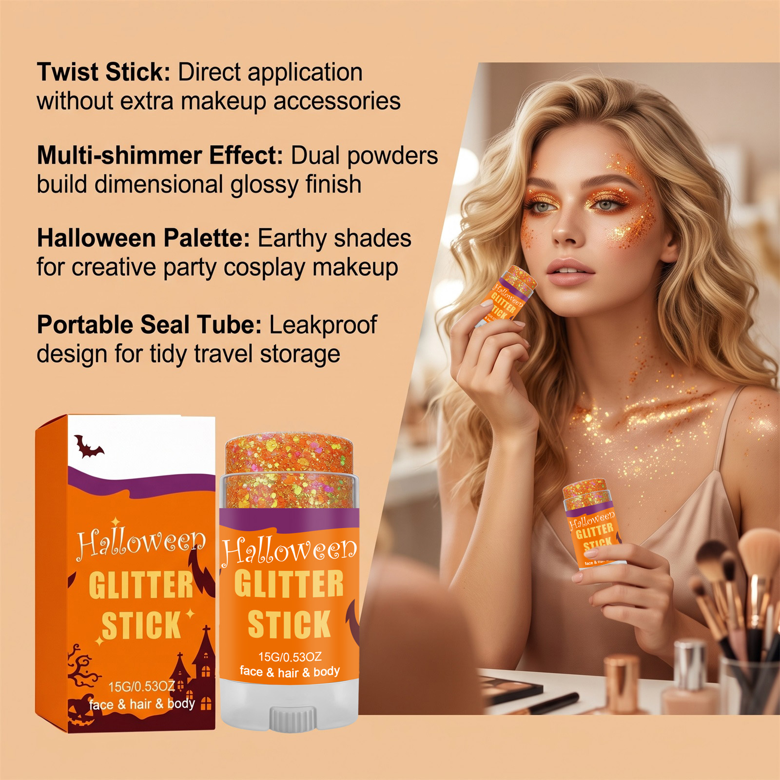(Red) Halloween Glitter Stick Natural Color Rendering Silky Makeup Application Face Body Applicable Festival Party Look