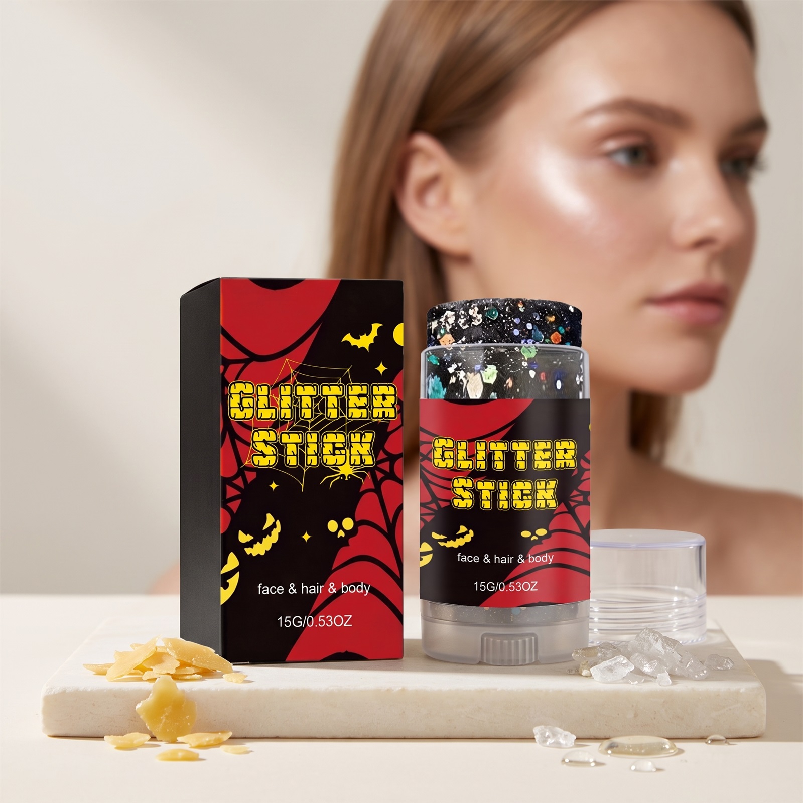 (Red) Halloween Glitter Stick Natural Color Rendering Silky Makeup Application Face Body Applicable Festival Party Look