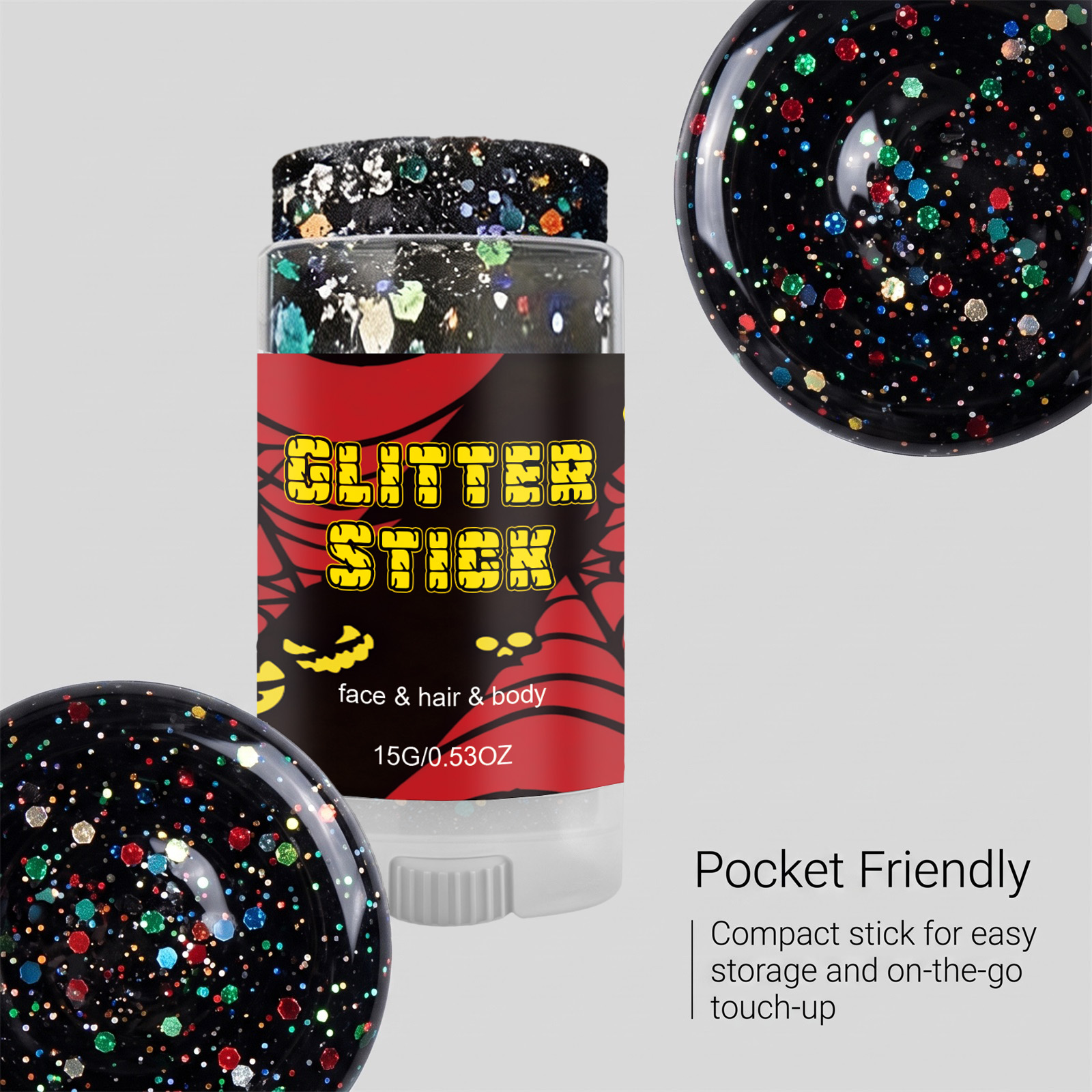(Red) Halloween Glitter Stick Natural Color Rendering Silky Makeup Application Face Body Applicable Festival Party Look