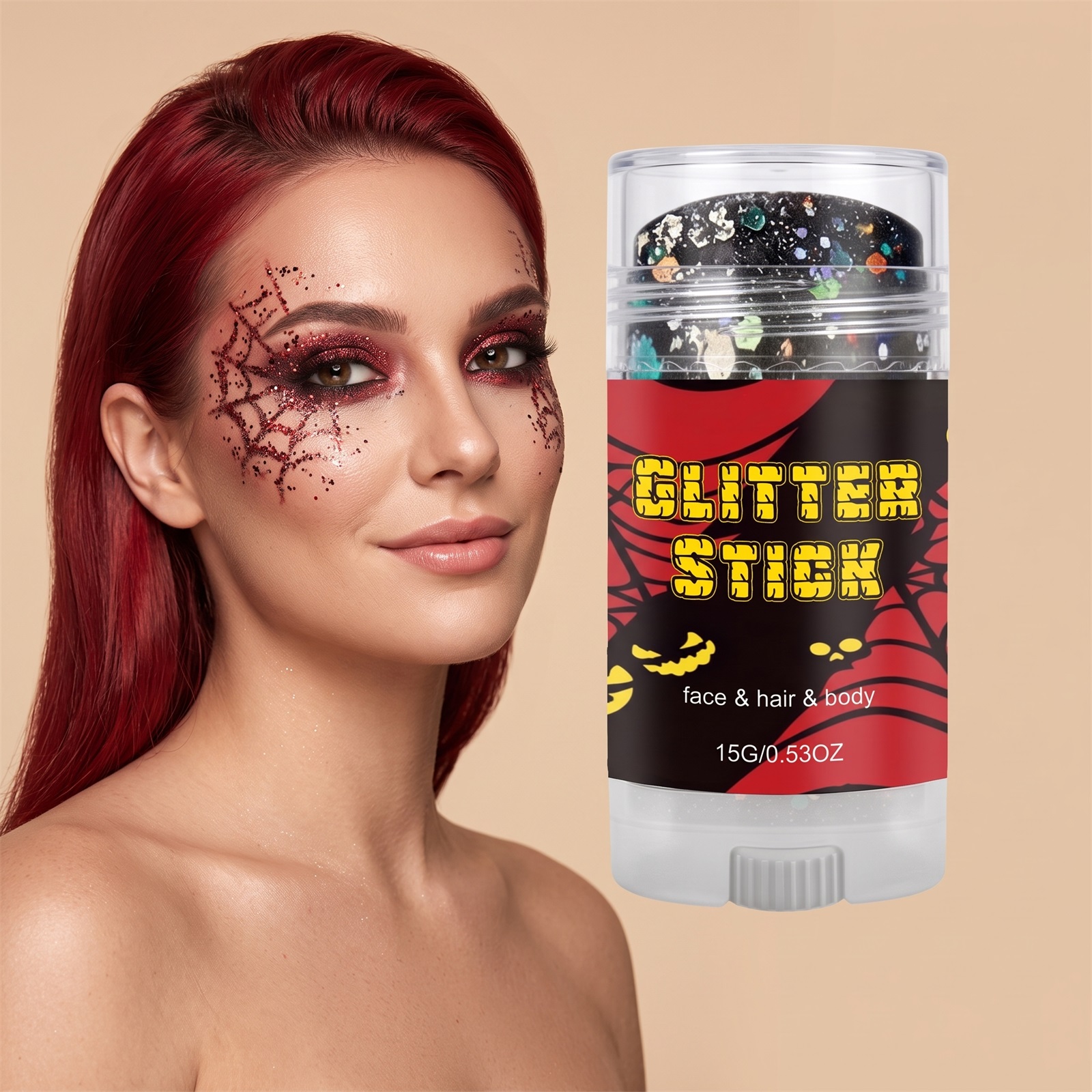 (Red) Halloween Glitter Stick Natural Color Rendering Silky Makeup Application Face Body Applicable Festival Party Look