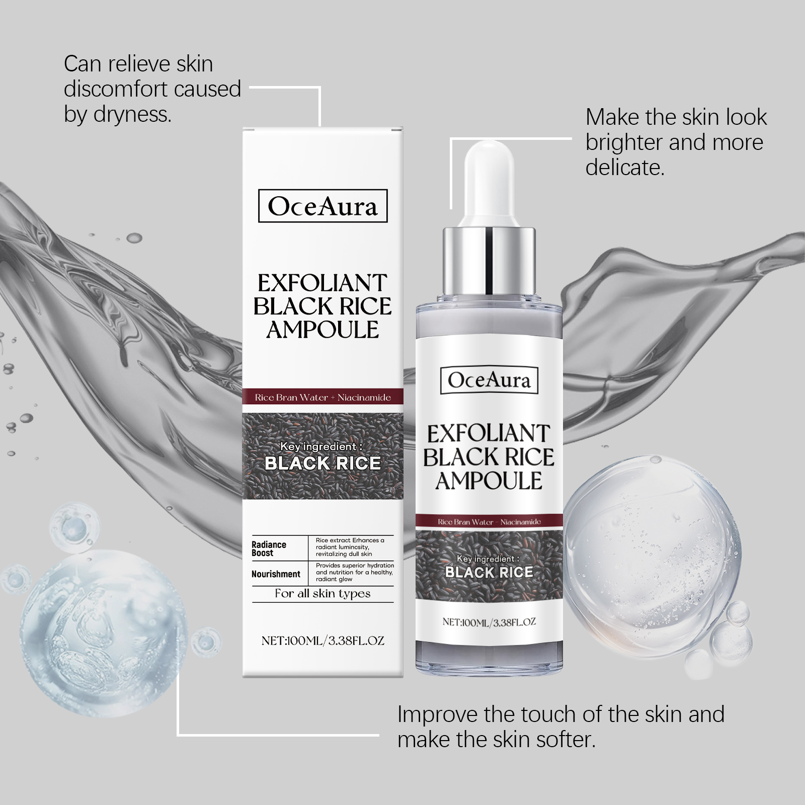 Black Rice Brightening Exfoliating Liquid Facial Cleansing Ampoule Softening Skin Facial Essence