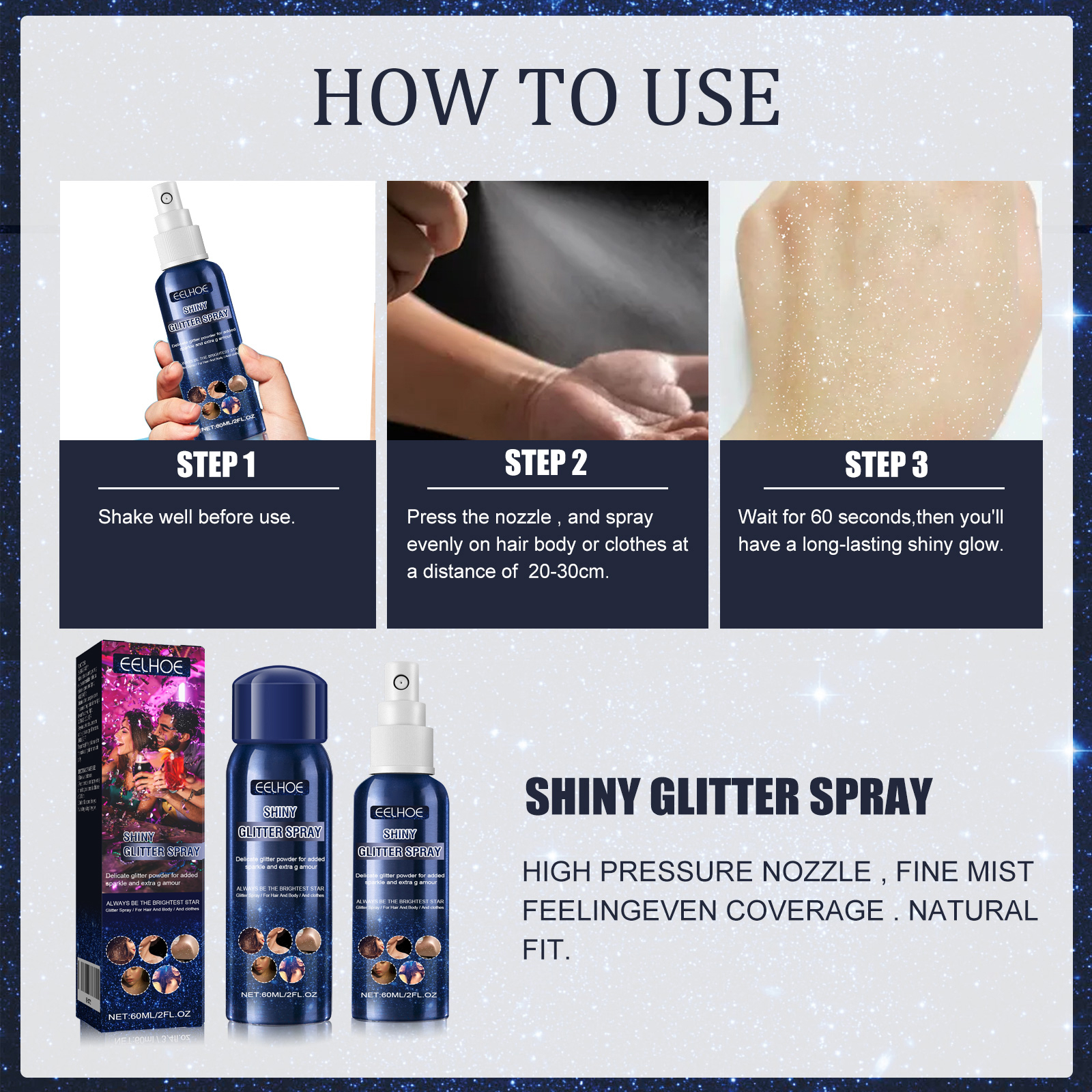 Shimmer Spray Halloween Party Body Hair Clothes Glitter Long Lasting Highlight Sparkle 60ml
