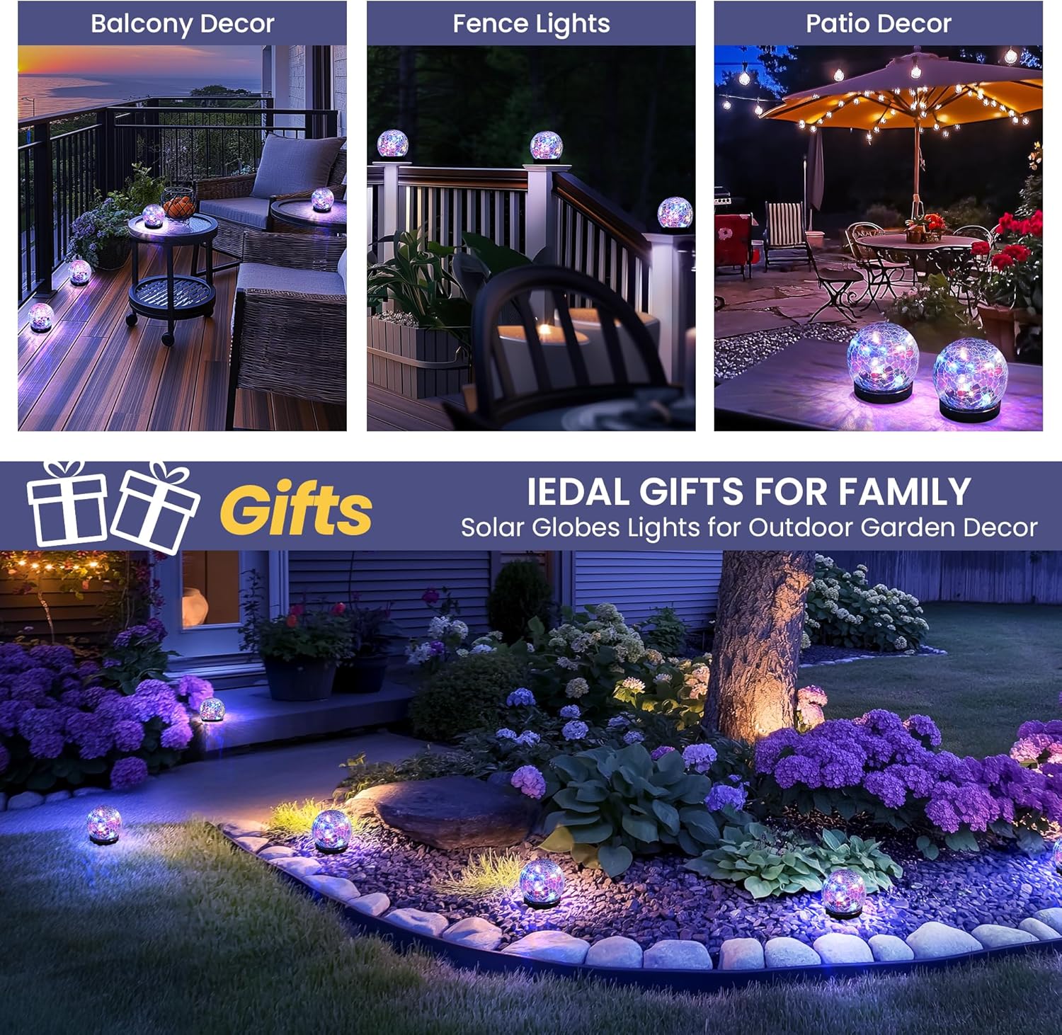 Solar Lights Outdoor Garden Solar Globe Lights Waterproof Cracked Glass Ball Outdoor Decorations for Balcony Backyard Yard Patio Porch