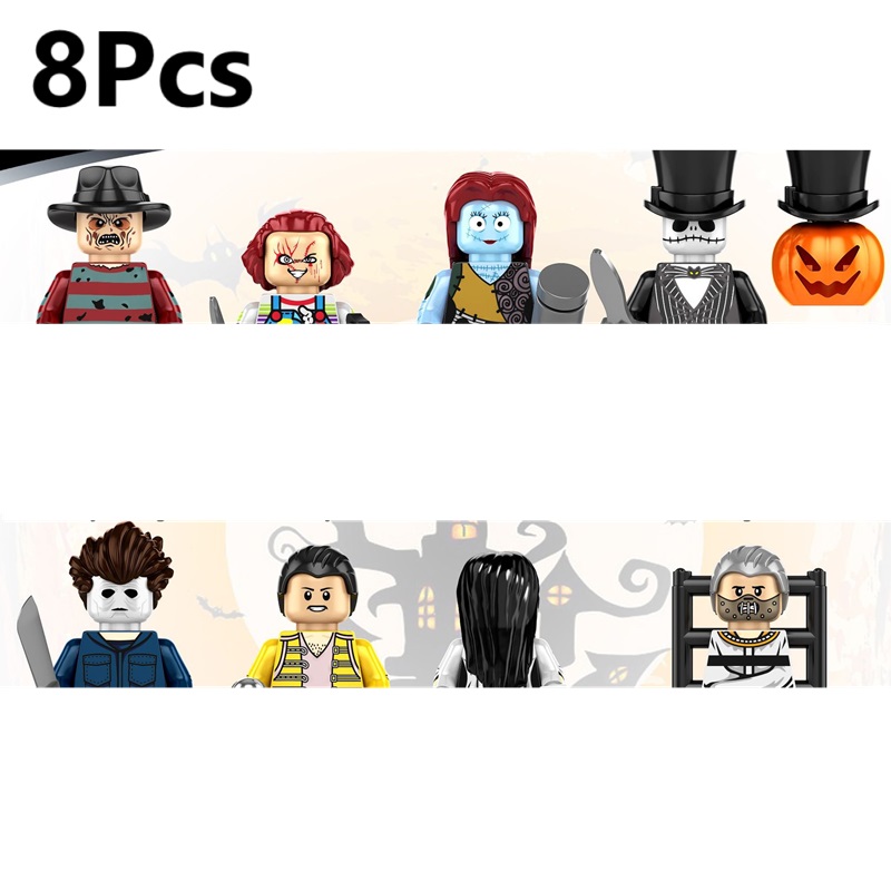 (8 PCS A) Halloween Building Blocks Terror Evil Witch Vampire Zombies Apocalypse Demon Death Ghost Nun Mini Action Figure Toys