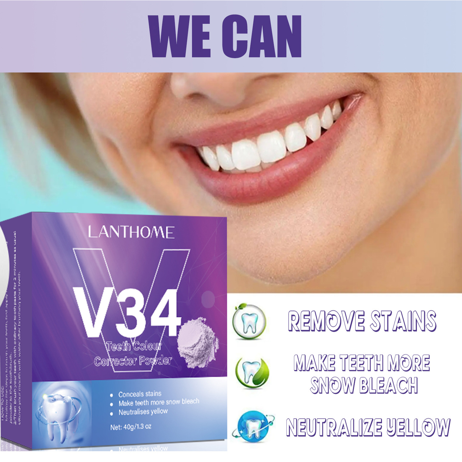 V34 Tooth Powder Stain Remover Breath Freshening Oral Care Daily Use Whitening Treatment 40g