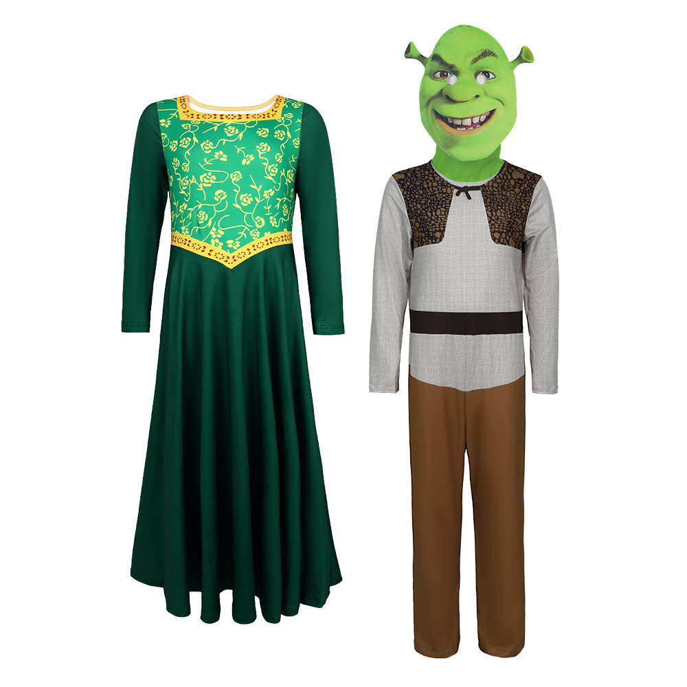 (180) Shrek 5 Princess Fiona Cos Costume Adult Couple Halloween Performance Green Long Dress