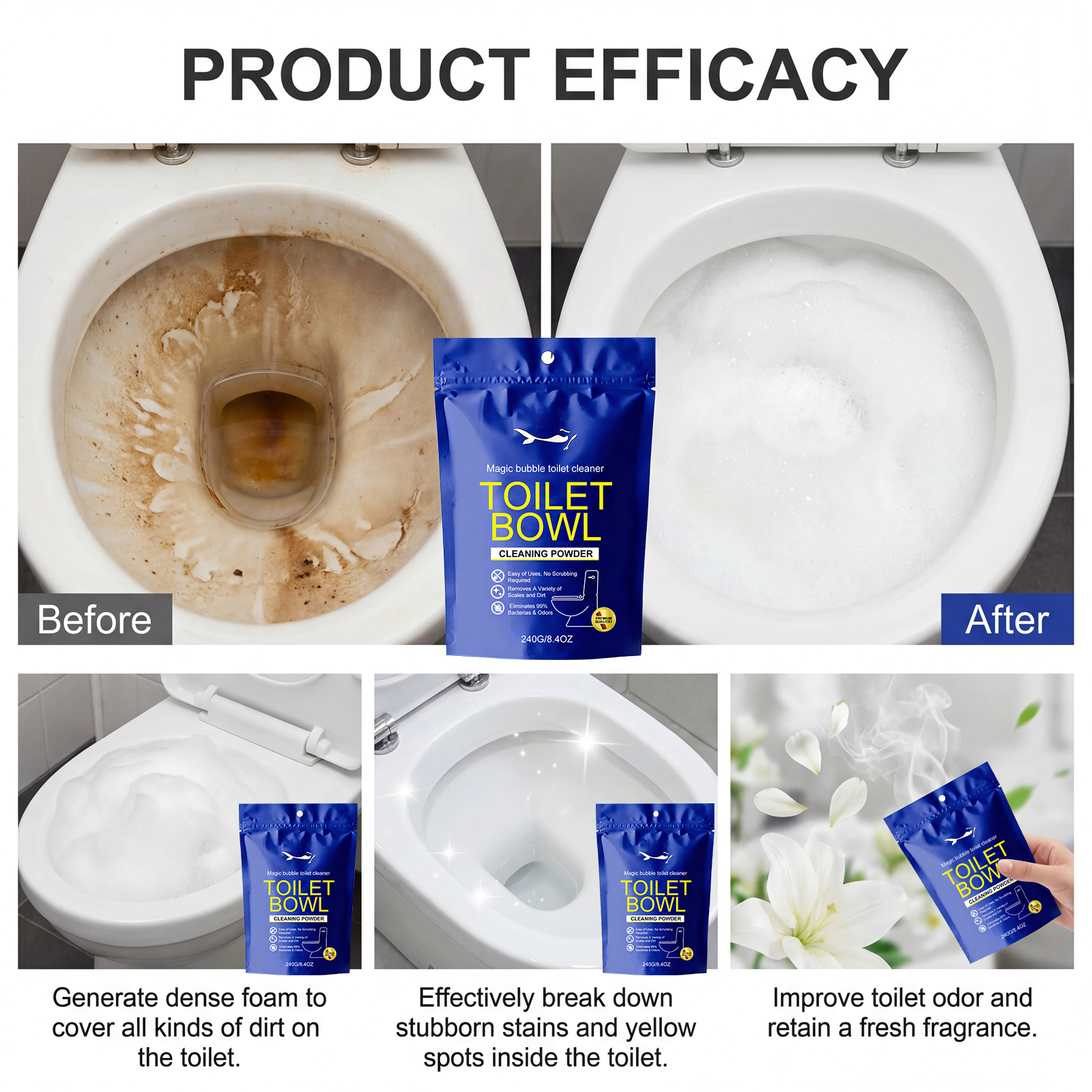 Toilet Cleansing Bubble Powder Clean Bathroom Toilet Remove Yellow Stains Reduce Odors Long Lasting Fragrance