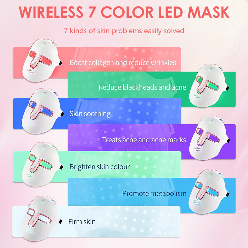 Wireless 7 Colors Face LED Mask Light Therapy Photon Facal Beauty Mask Skin Rejuvenation Anti Acne Repair Skin Tightening Anti Aging Skin Care
