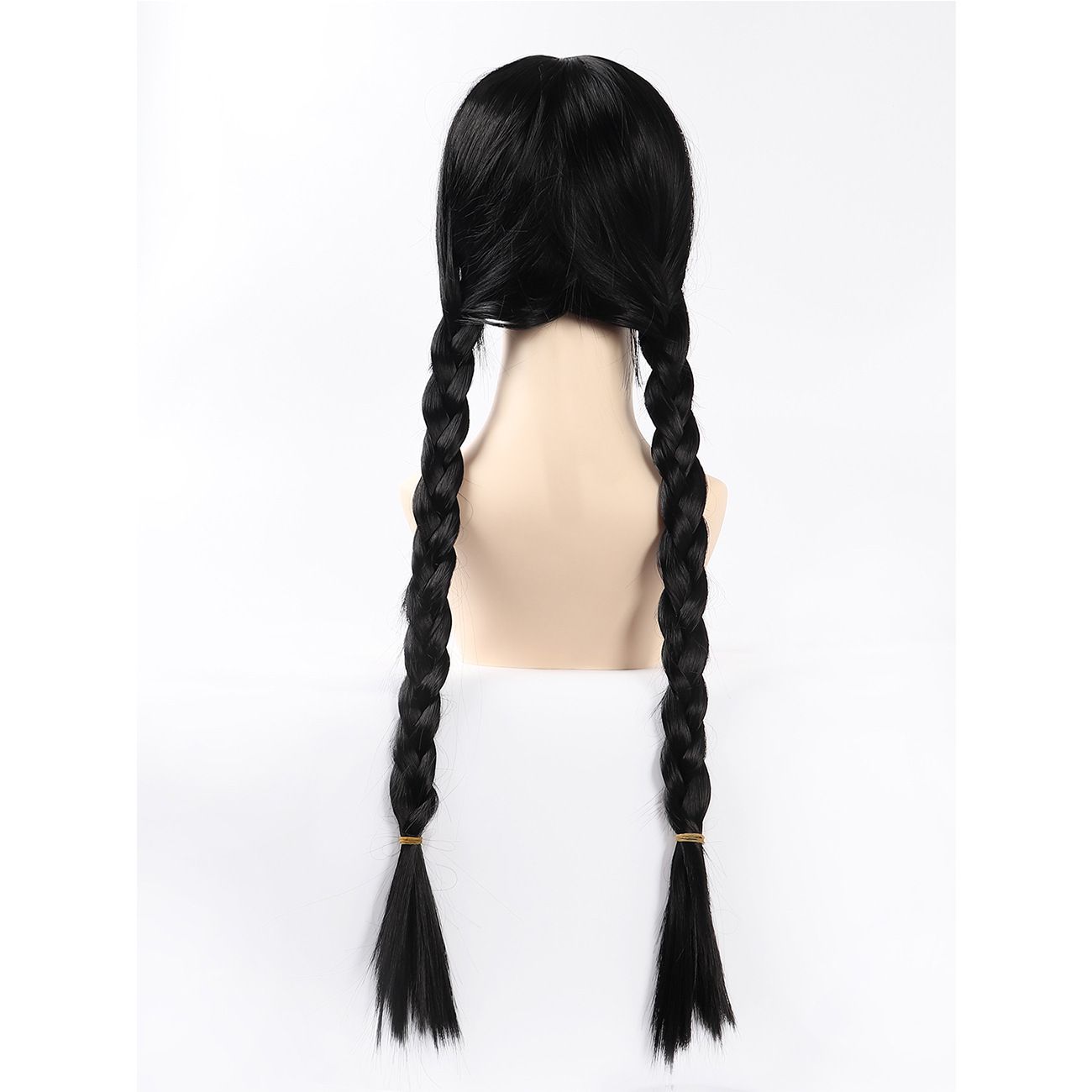 Wednesday Addams Cosplay Wig Black Double Braided Ponytail With Bangs For Halloween Party