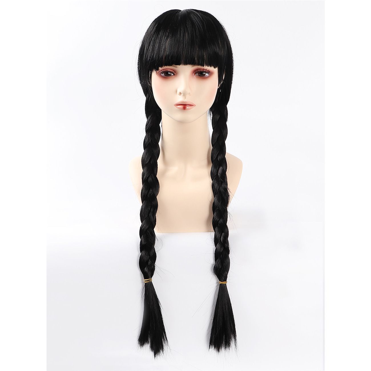 Wednesday Addams Cosplay Wig Black Double Braided Ponytail With Bangs For Halloween Party