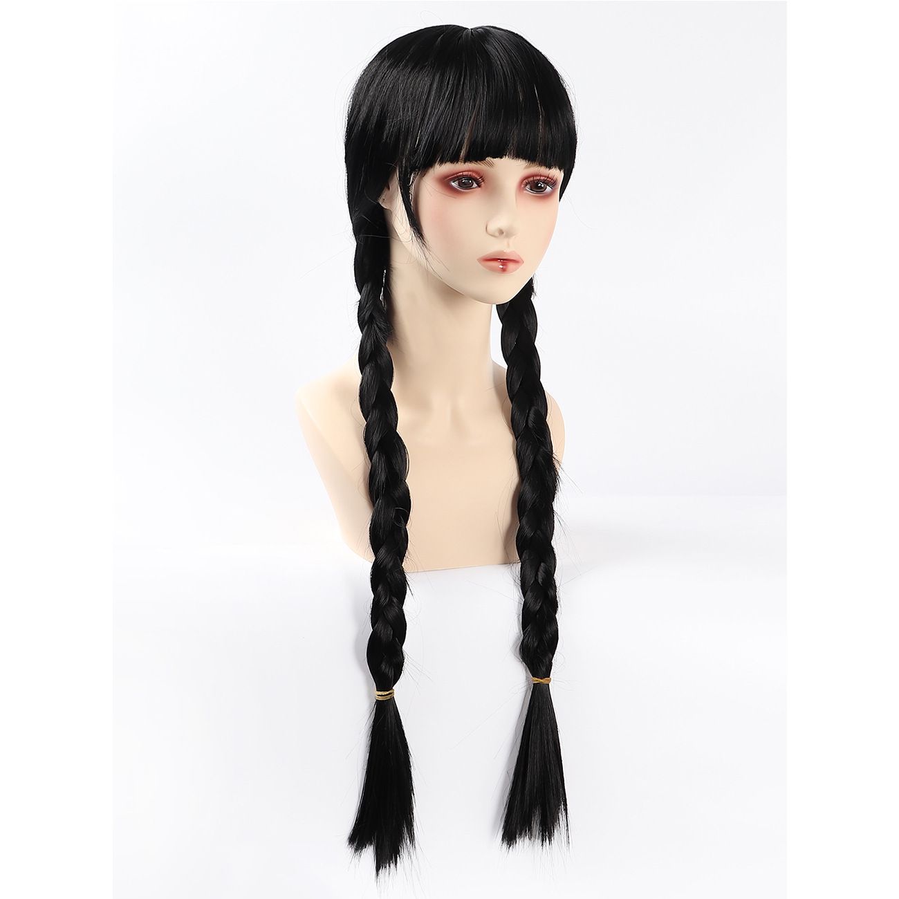 Wednesday Addams Cosplay Wig Black Double Braided Ponytail With Bangs For Halloween Party