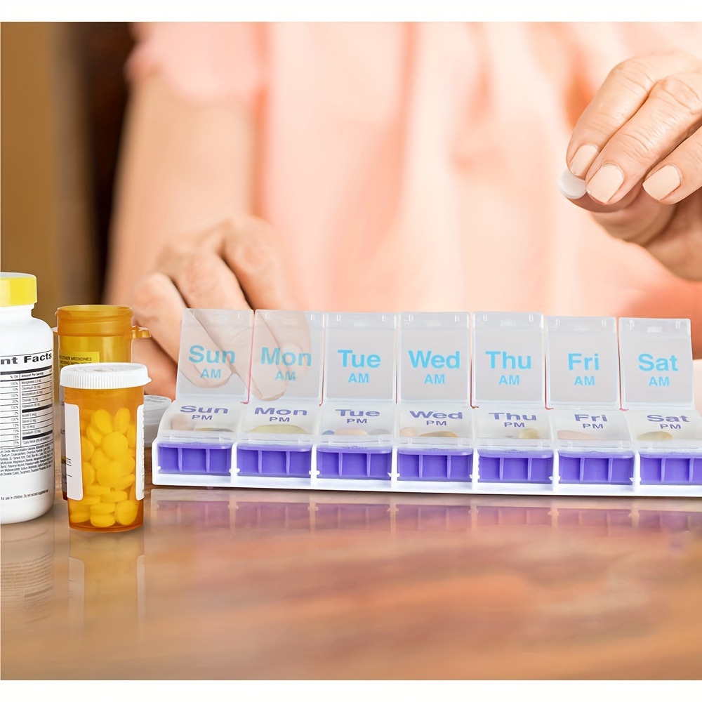 Travel Portable Pill Organizer Case Pill Box Push Button 7 Day Container Pill Case Medicine Planner 2 Times a Day AM PM Large Compartments Arthritis Friendly