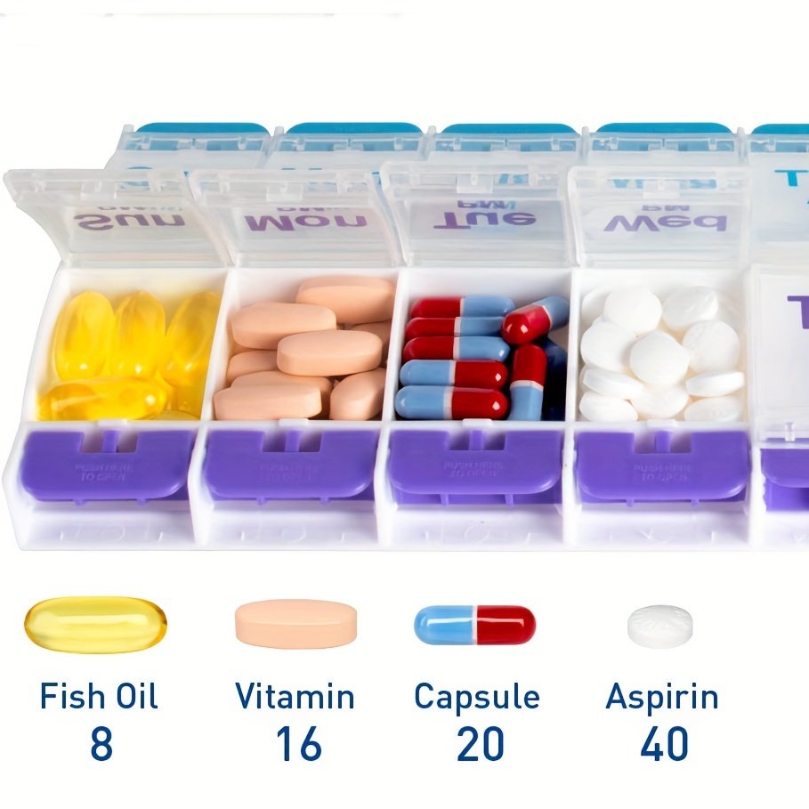 Travel Portable Pill Organizer Case Pill Box Push Button 7 Day Container Pill Case Medicine Planner 2 Times a Day AM PM Large Compartments Arthritis Friendly