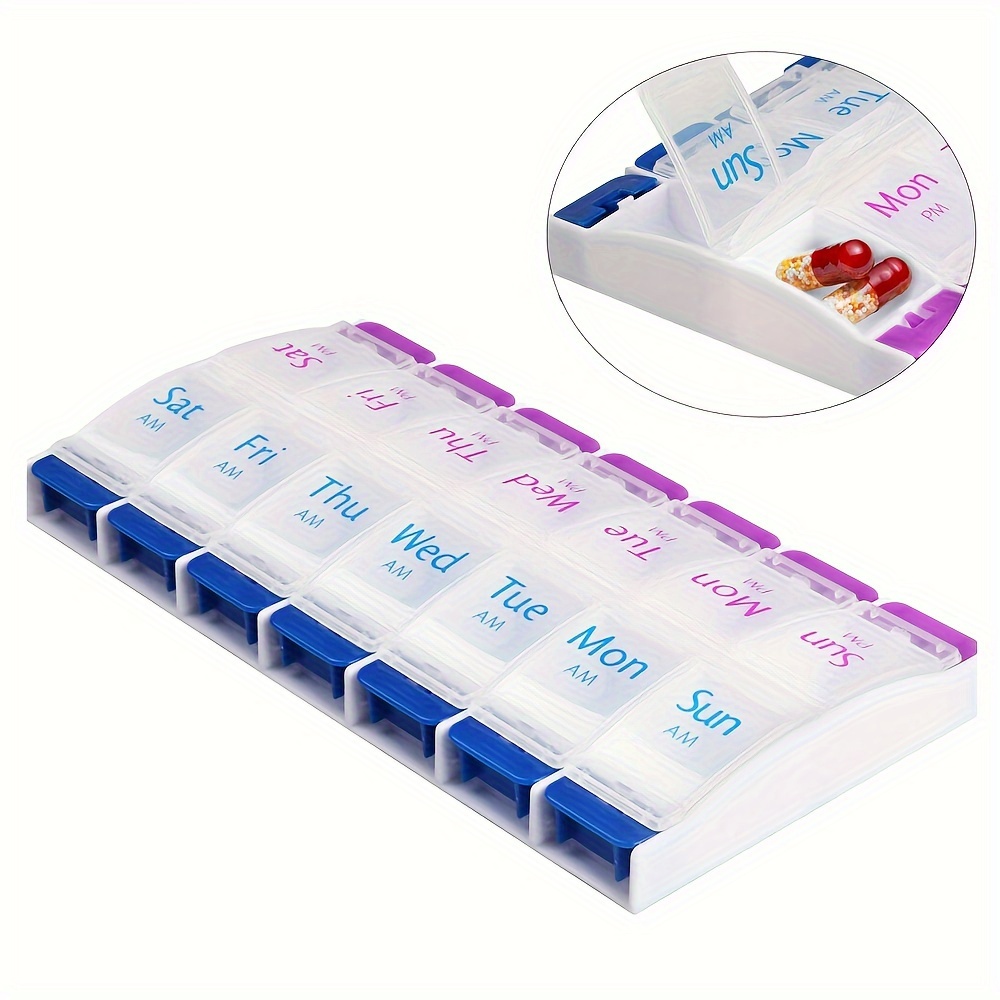 Travel Portable Pill Organizer Case Pill Box Push Button 7 Day Container Pill Case Medicine Planner 2 Times a Day AM PM Large Compartments Arthritis Friendly