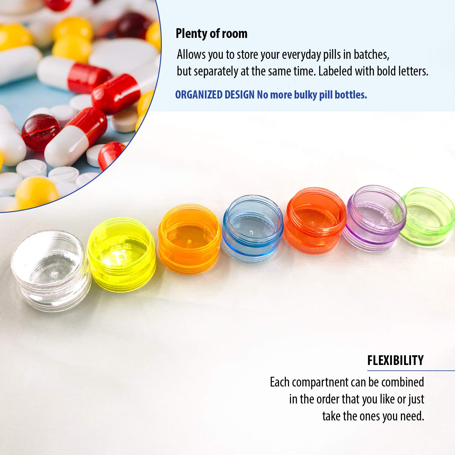(2x Pill Organizer Cases) Mini Pill Organizer Case Rainbow 7 Day Stackable Tower Box Medicine Planner Small Case Weekly Portable Travel Container for Medications Vitamins and Supplement