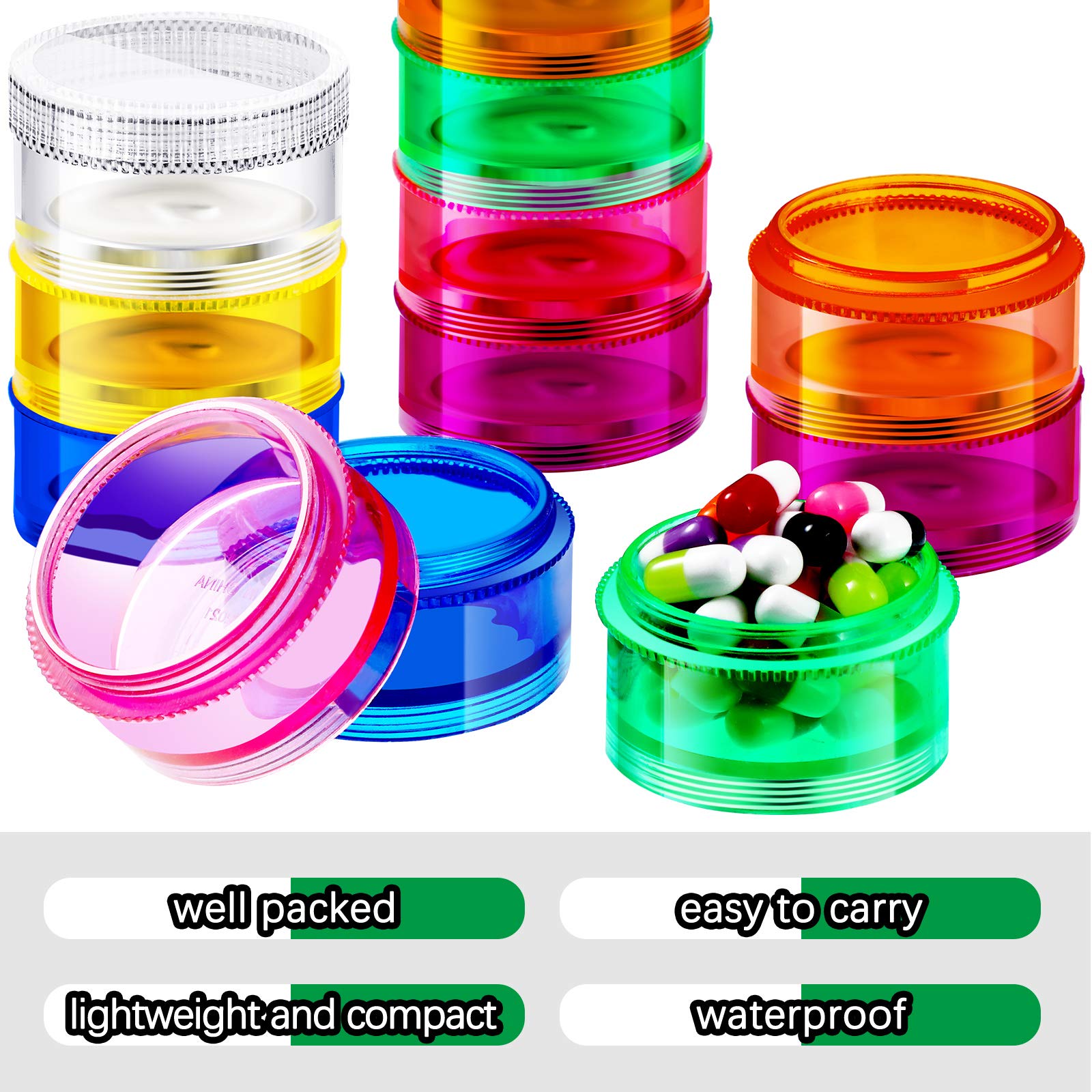 (2x Pill Organizer Cases) Mini Pill Organizer Case Rainbow 7 Day Stackable Tower Box Medicine Planner Small Case Weekly Portable Travel Container for Medications Vitamins and Supplement