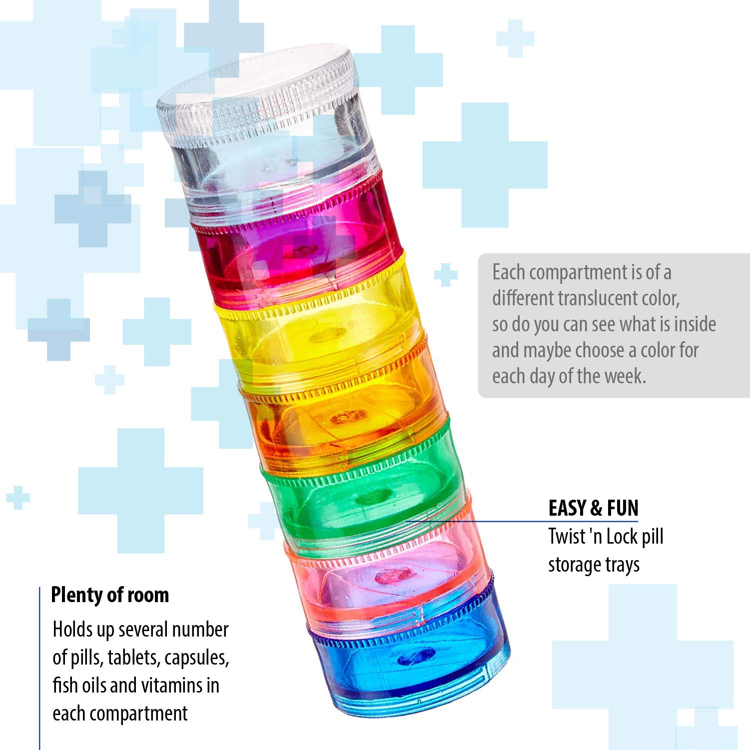 (2x Pill Organizer Cases) Mini Pill Organizer Case Rainbow 7 Day Stackable Tower Box Medicine Planner Small Case Weekly Portable Travel Container for Medications Vitamins and Supplement