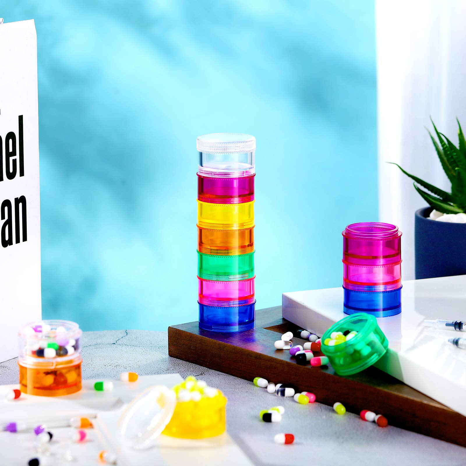 (2x Pill Organizer Cases) Mini Pill Organizer Case Rainbow 7 Day Stackable Tower Box Medicine Planner Small Case Weekly Portable Travel Container for Medications Vitamins and Supplement