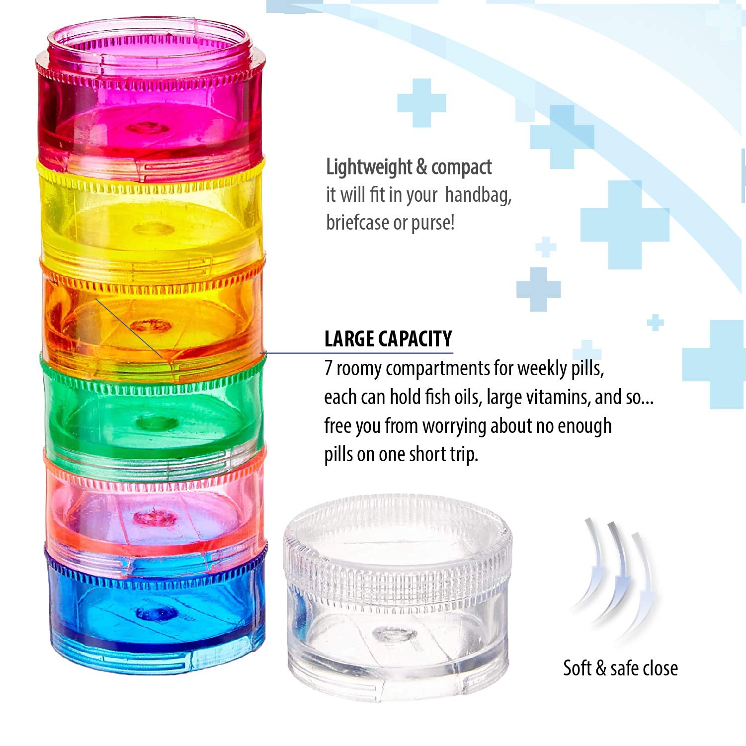 (2x Pill Organizer Cases) Mini Pill Organizer Case Rainbow 7 Day Stackable Tower Box Medicine Planner Small Case Weekly Portable Travel Container for Medications Vitamins and Supplement