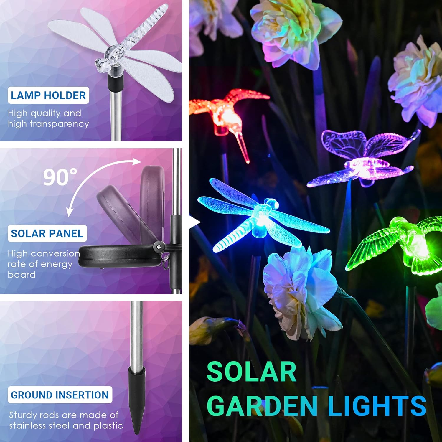 (3 pcs) Solar Garden Lights Solar Butterfly Lights Outdoor Decorations Multi-Color Changing LED Solar Light Stakes Solar Yard Lights for Garden Patio Lawn Bird Light