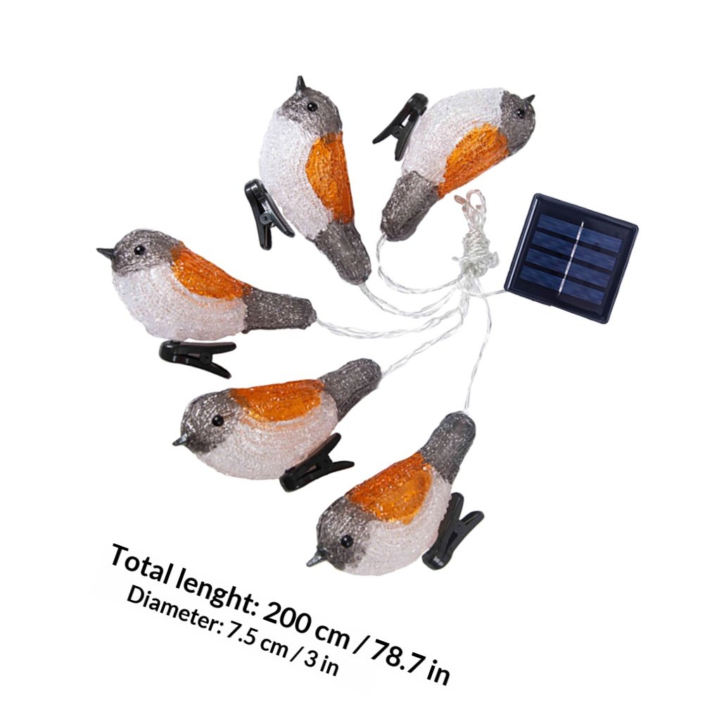 (Yellow) 1Set Solar Robin Shaped LED String Lights Decorative Lamp String for Garden Courtyard Party Warm Lighting