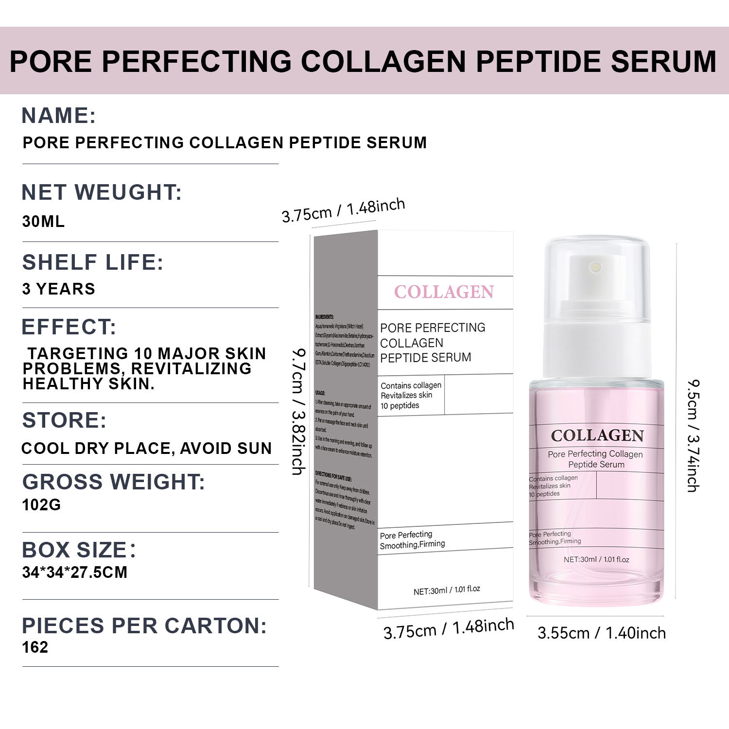 Collagen Peptide Pore Refining Serum For Skin Firming Smoothing Texture Daily Anti Aging Face Care 30g