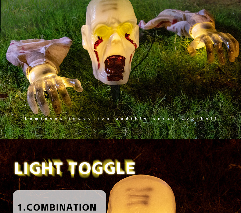 Warm Light Skull Decor Prop Set With Glowing Skull Ground Insert Halloween Horror Ornaments Crawling Ghost Head Gloves