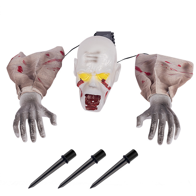 Warm Light Skull Decor Prop Set With Glowing Skull Ground Insert Halloween Horror Ornaments Crawling Ghost Head Gloves
