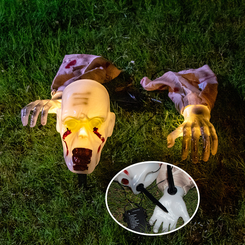 Warm Light Skull Decor Prop Set With Glowing Skull Ground Insert Halloween Horror Ornaments Crawling Ghost Head Gloves