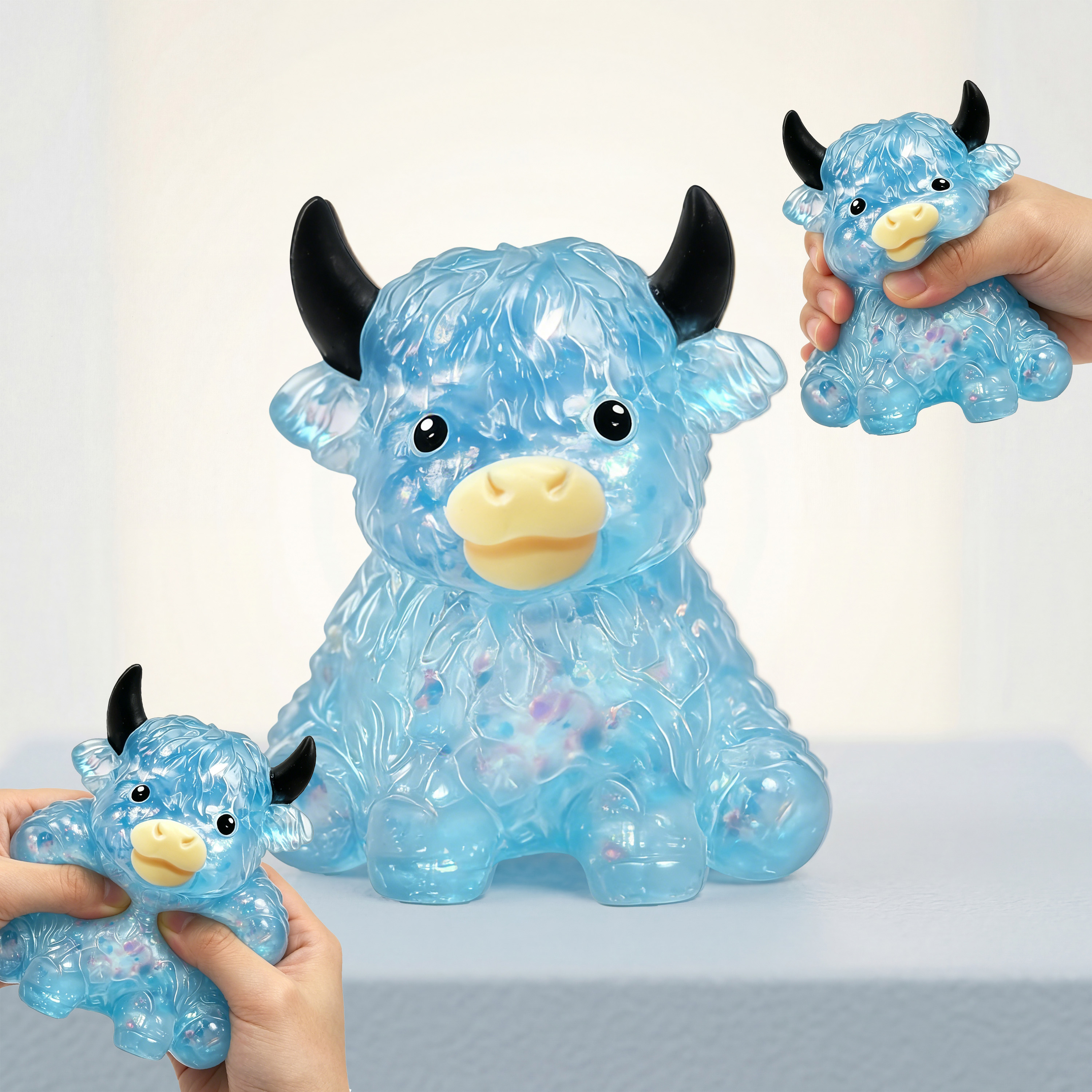 Sequined Cow Squeeze Toy Blue Sensory Stress Relief Fun Portable Cute Desk Decoration Play Item Small Hand Fidget Gadget