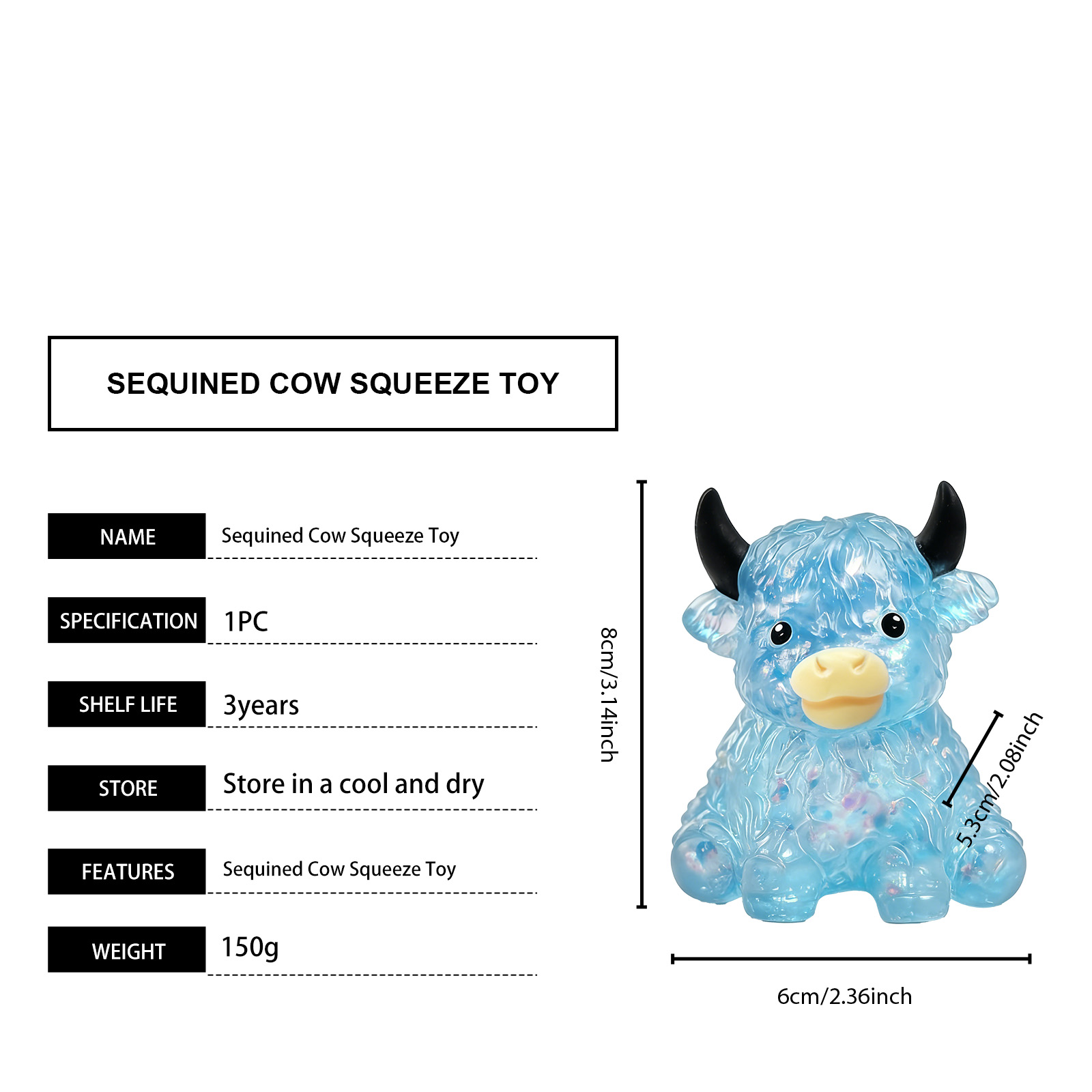 Sequined Cow Squeeze Toy Blue Sensory Stress Relief Fun Portable Cute Desk Decoration Play Item Small Hand Fidget Gadget