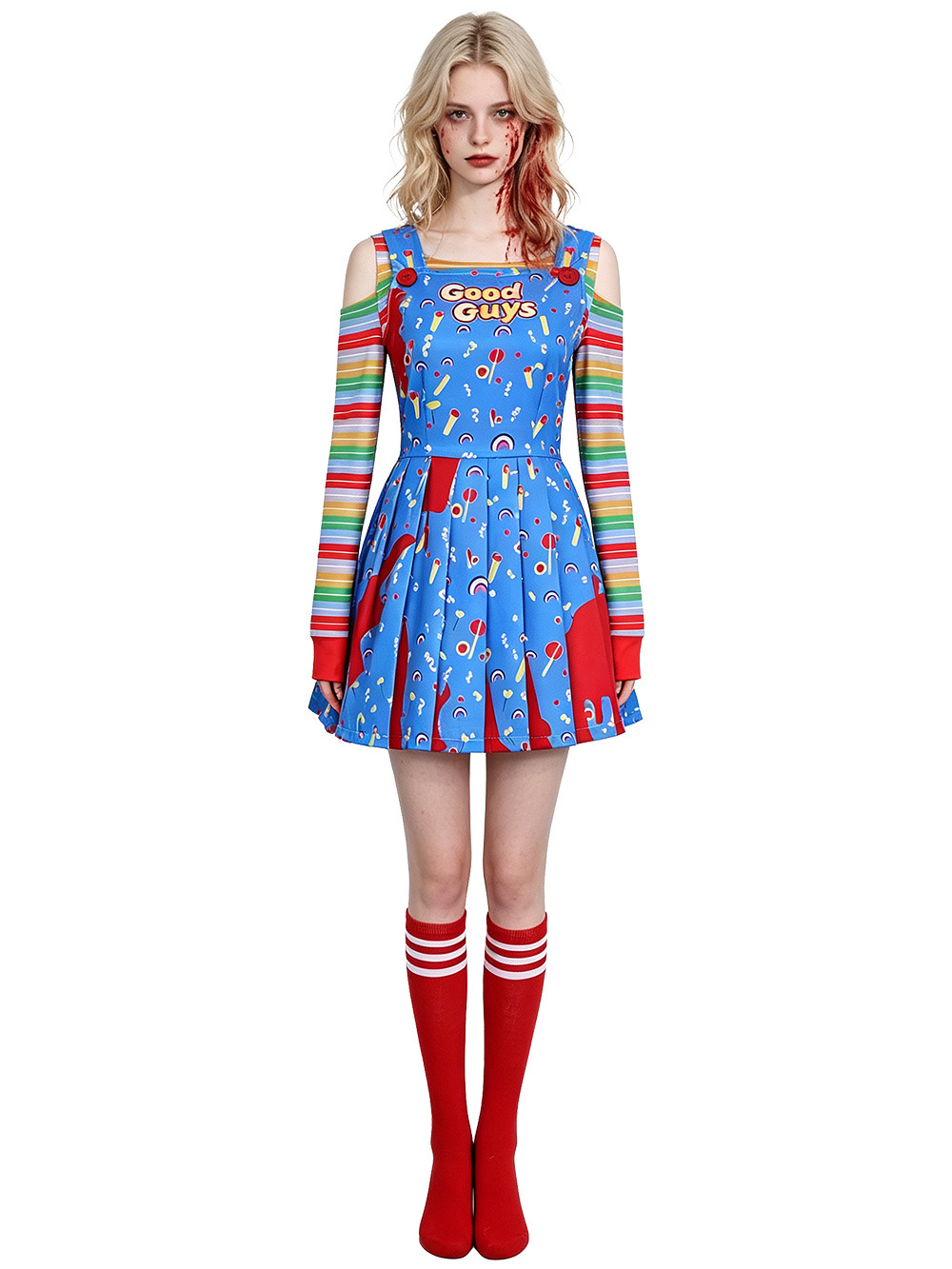 (2XL) Women Chucky Cosplay Dress Blue Halloween Costume for Bride of Chucky Roleplay Party