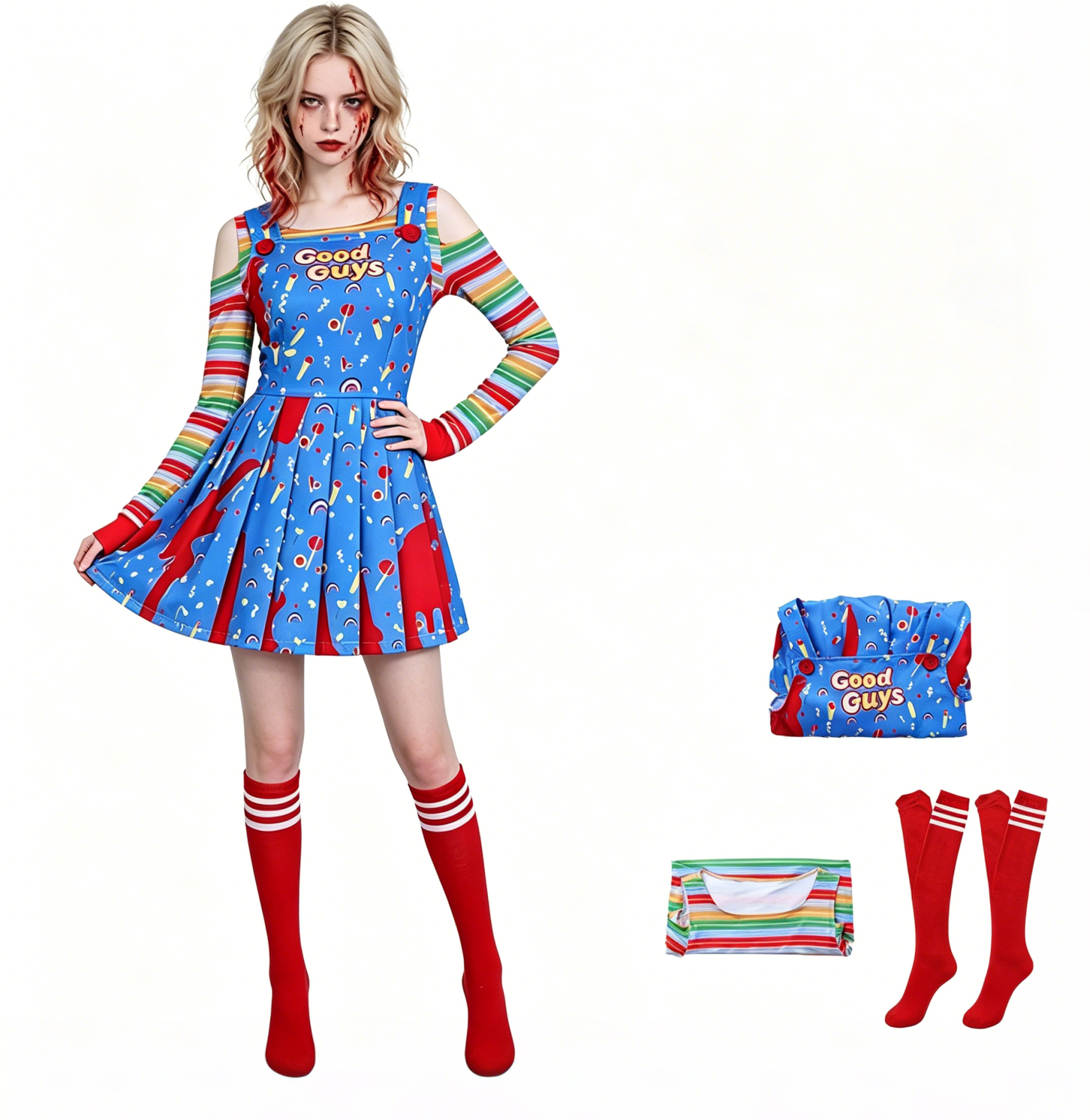 (2XL) Women Chucky Cosplay Dress Blue Halloween Costume for Bride of Chucky Roleplay Party