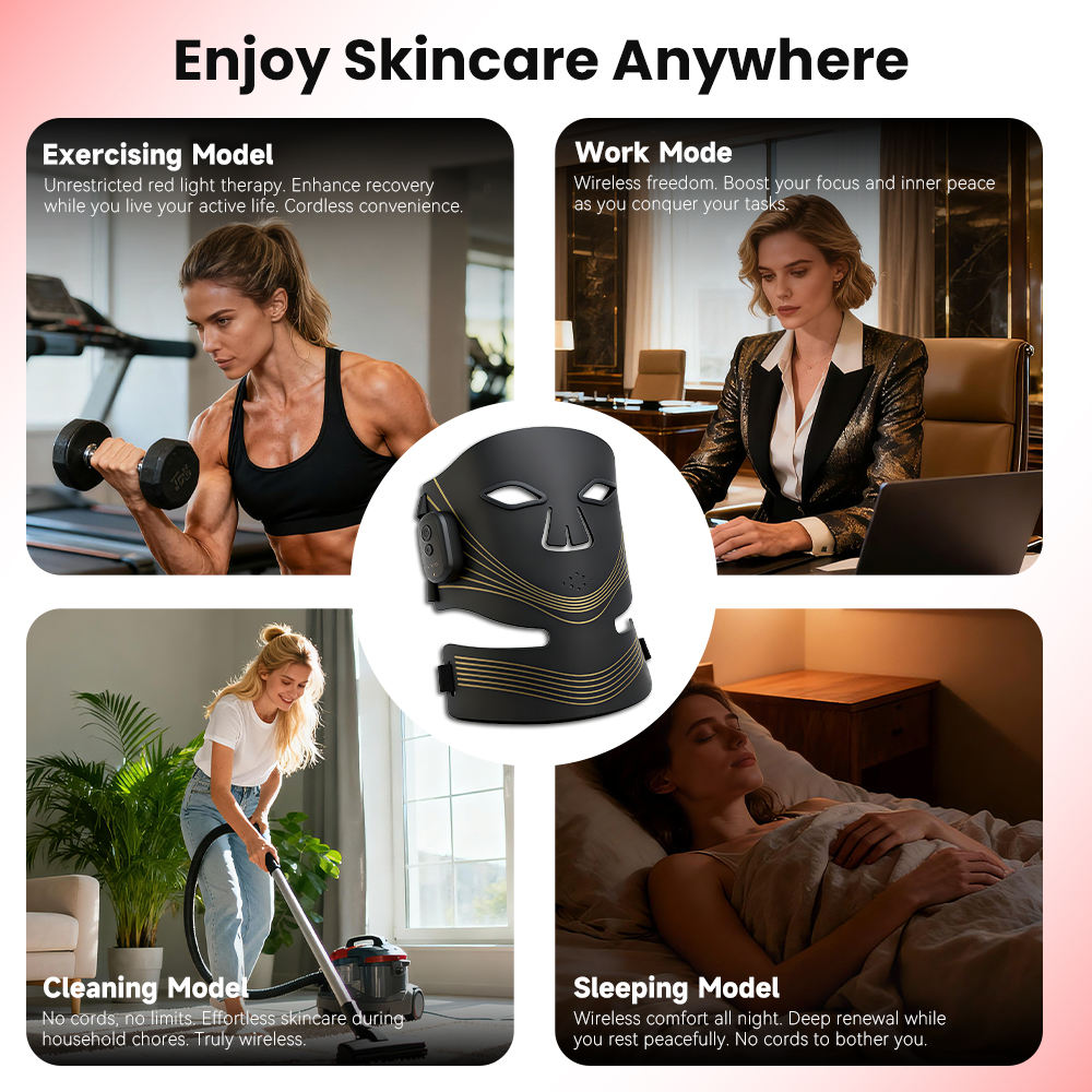 (Black) Red Light Therapy for Face LED Facial Mask Wireless Light Therapy Mask 4 Color Near-Infrared Red Light for Skin Glow Anti-Aging Acne Wrinkle Relief Home Travel