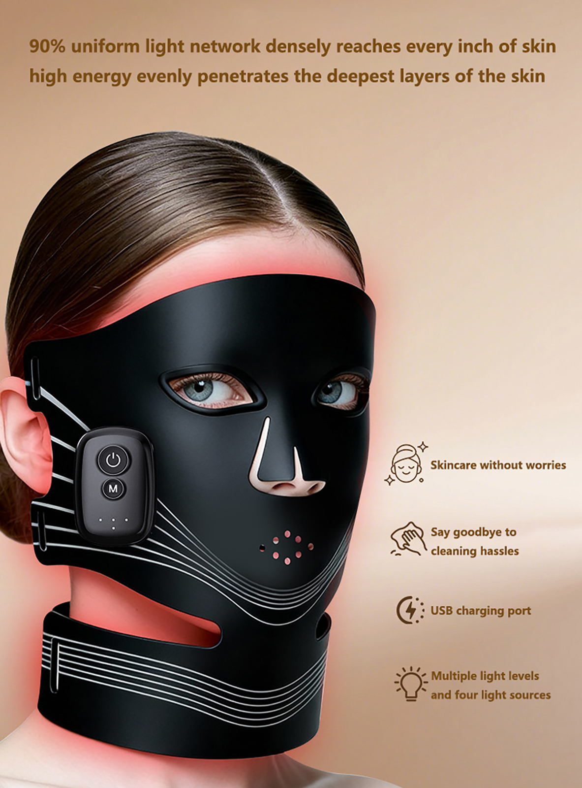 (Black) Red Light Therapy for Face LED Facial Mask Wireless Light Therapy Mask 4 Color Near-Infrared Red Light for Skin Glow Anti-Aging Acne Wrinkle Relief Home Travel