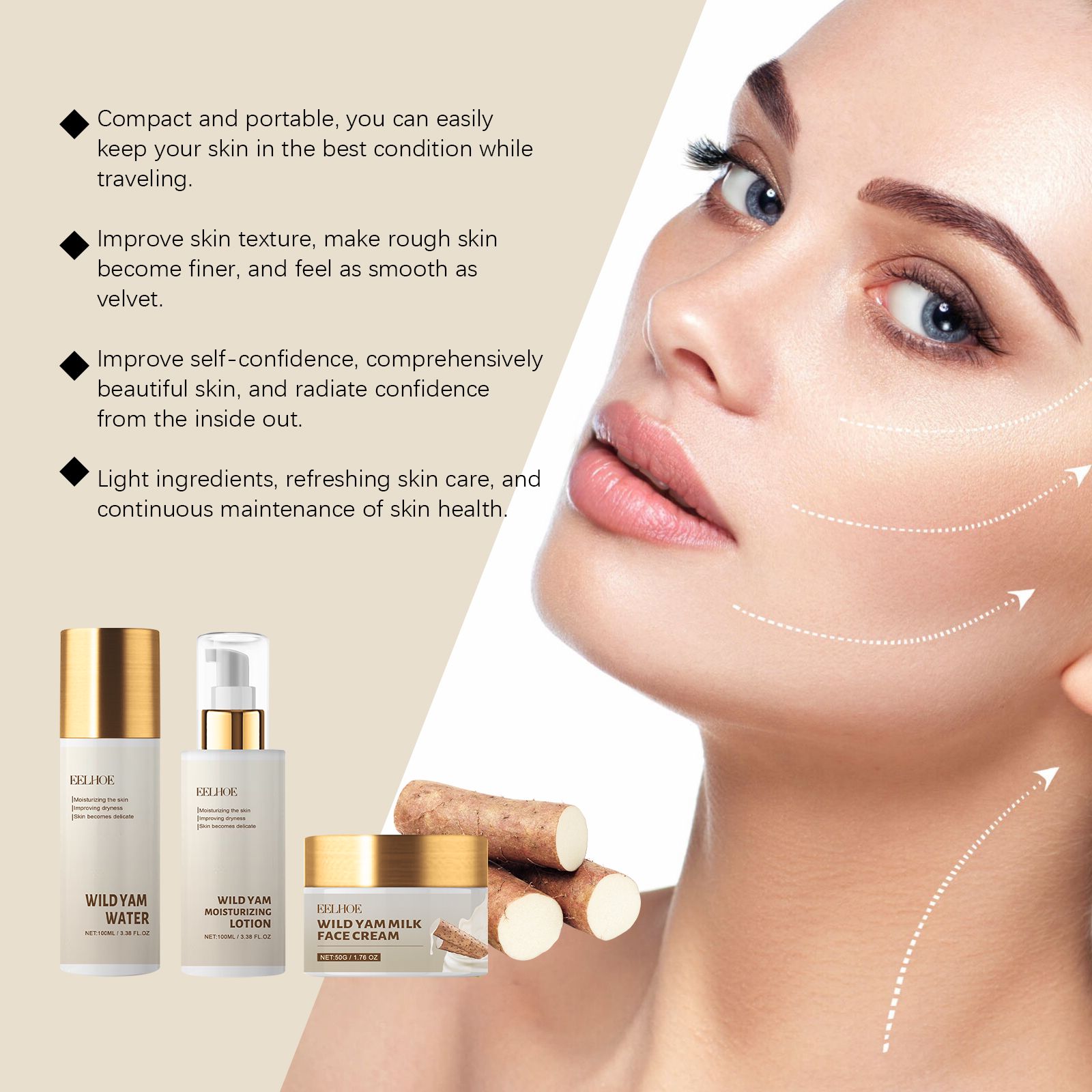 Wild Yam Moisturizing Skincare Set With Toner Lotion And Cream For Daily Hydration